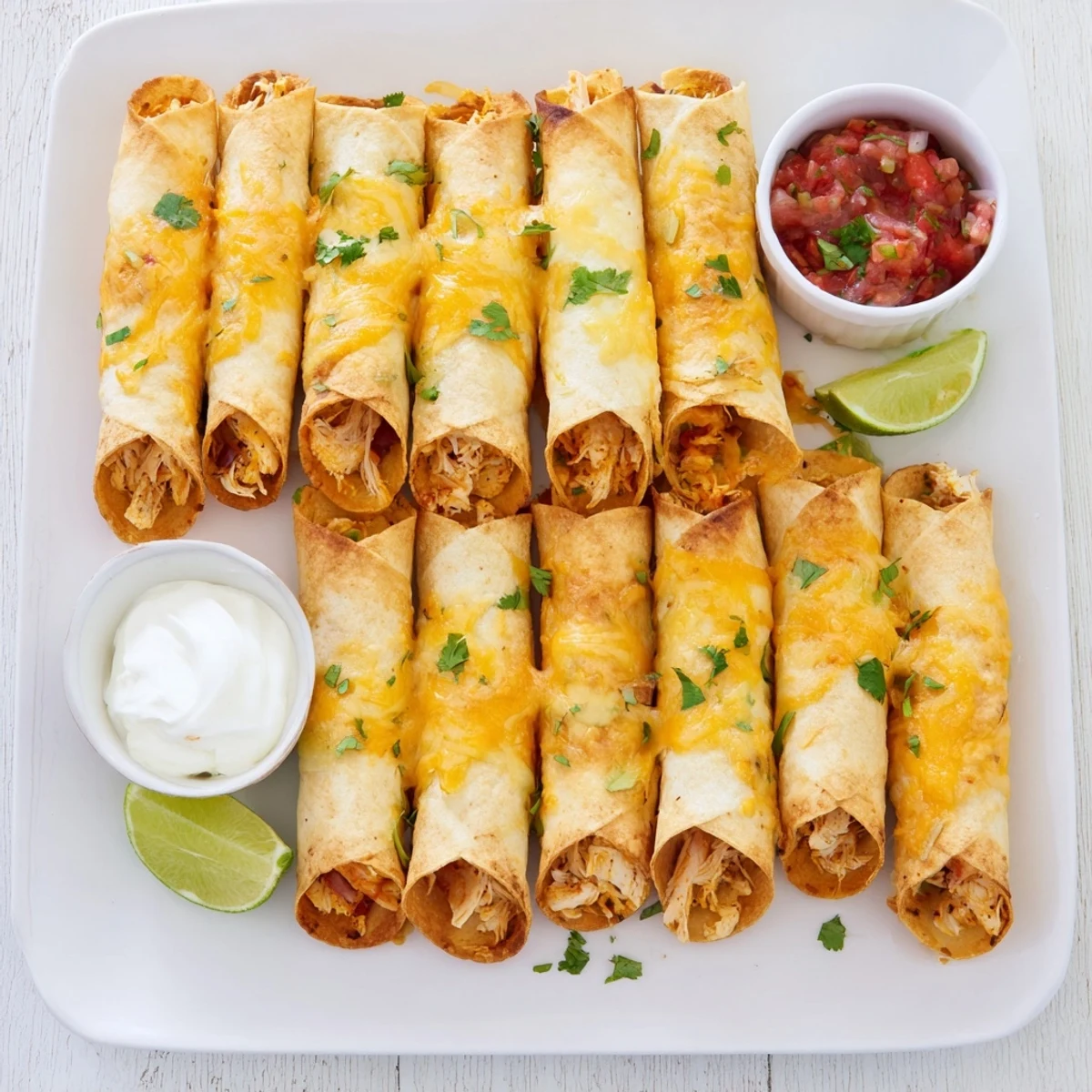Homemade crispy chicken taquitos arranged on serving platter with salsa and guacamole