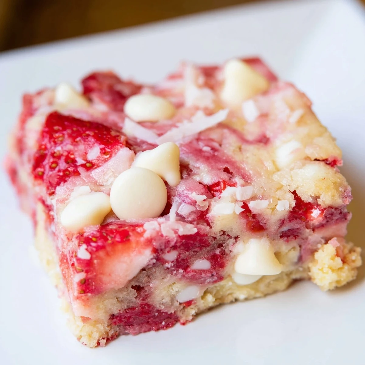 Gooey Strawberry Earthquake Cake with cream cheese swirls and fresh strawberry chunks on a white plate