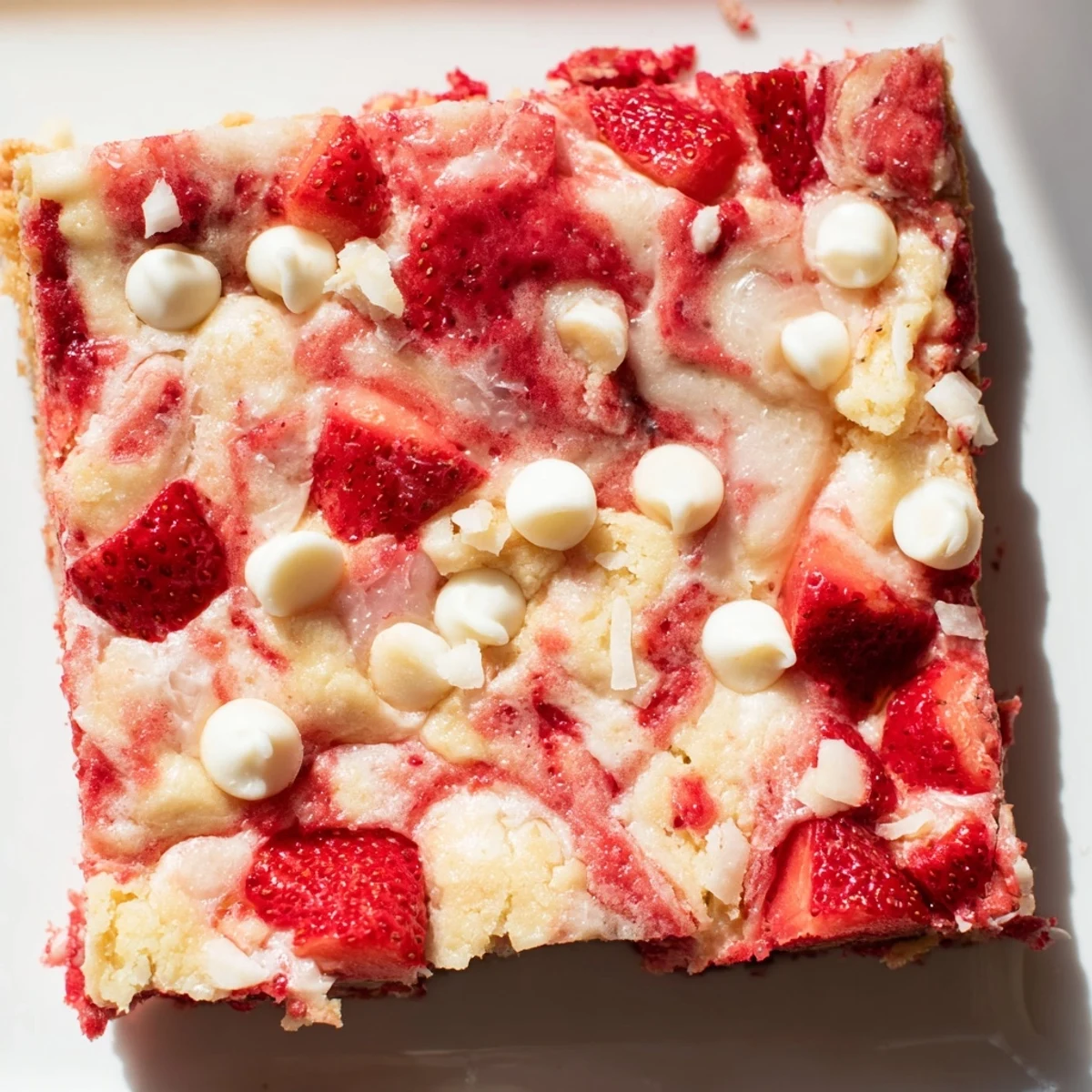 Warm Strawberry Earthquake Cake dusted with powdered sugar and topped with ripe red strawberries