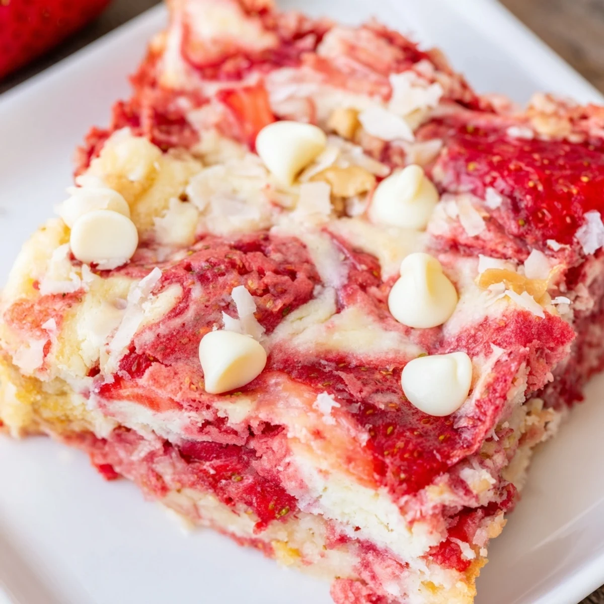 Sliced Strawberry Earthquake Cake showing marbled cream cheese pockets and melted white chocolate throughout