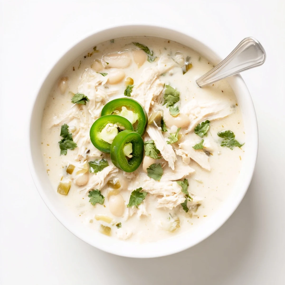 Hearty low-carb white chicken chili topped with fresh cilantro, Monterey Jack cheese, and zesty lime wedges