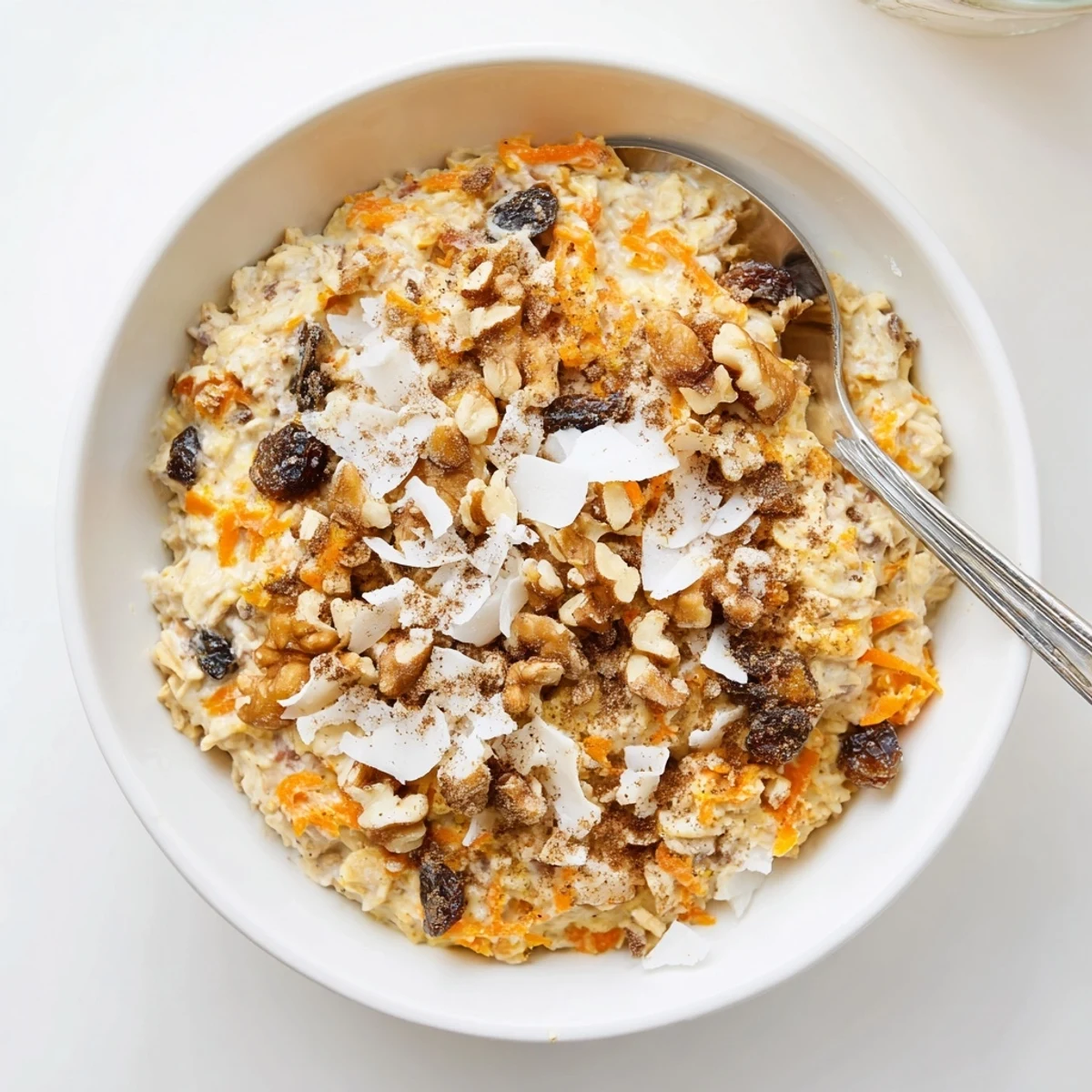 Creamy carrot cake overnight oats topped with chopped walnuts, shredded coconut, and plump raisins in a glass jar