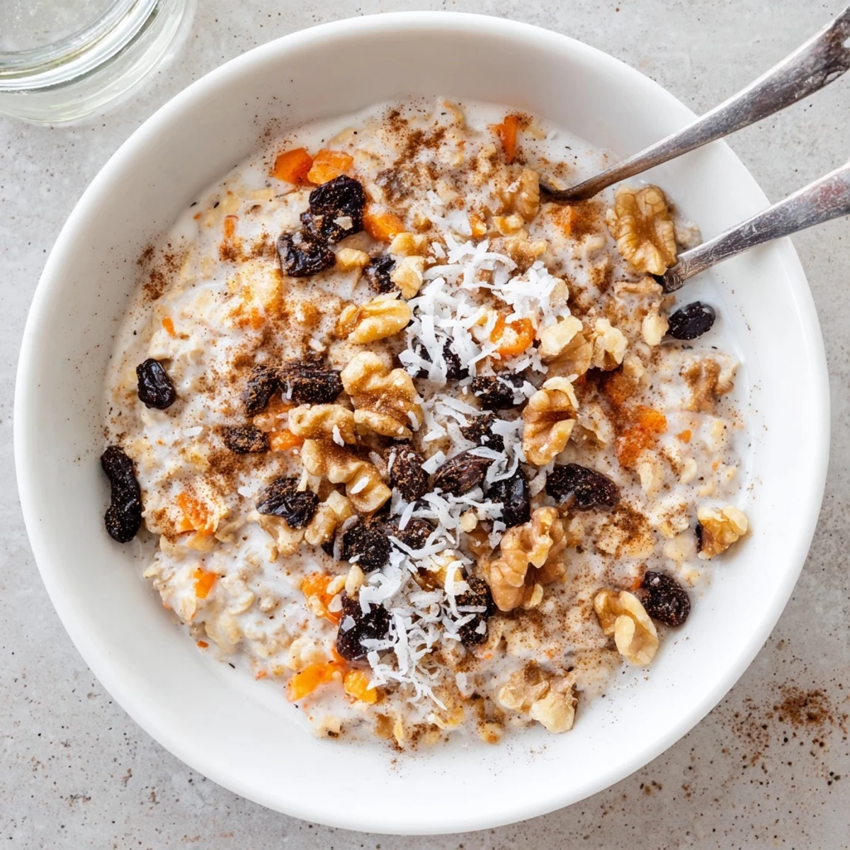 Wholesome breakfast bowl filled with spiced carrot cake overnight oats and freshly grated carrot with a cinnamon sprinkle