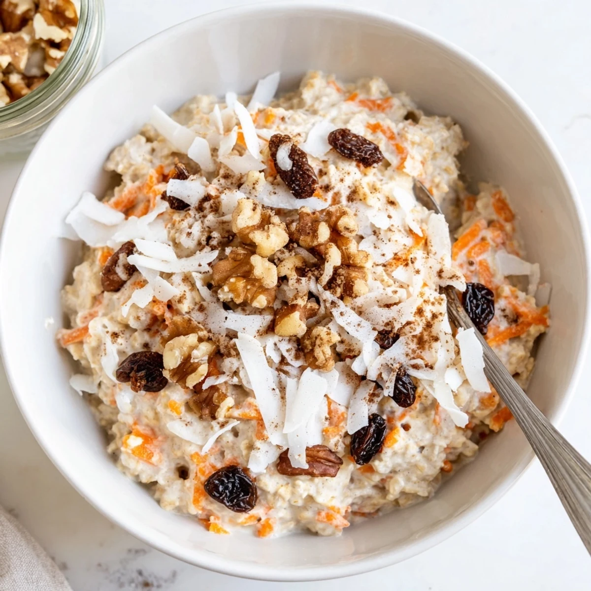 Mason jar layered with velvety carrot cake overnight oats, crunchy pecans, and sweet raisins for a healthy breakfast treat
