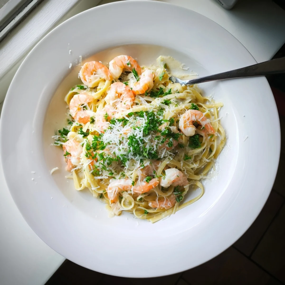 Golden shrimp scampi pasta coated in creamy garlic sauce with fresh parsley garnish