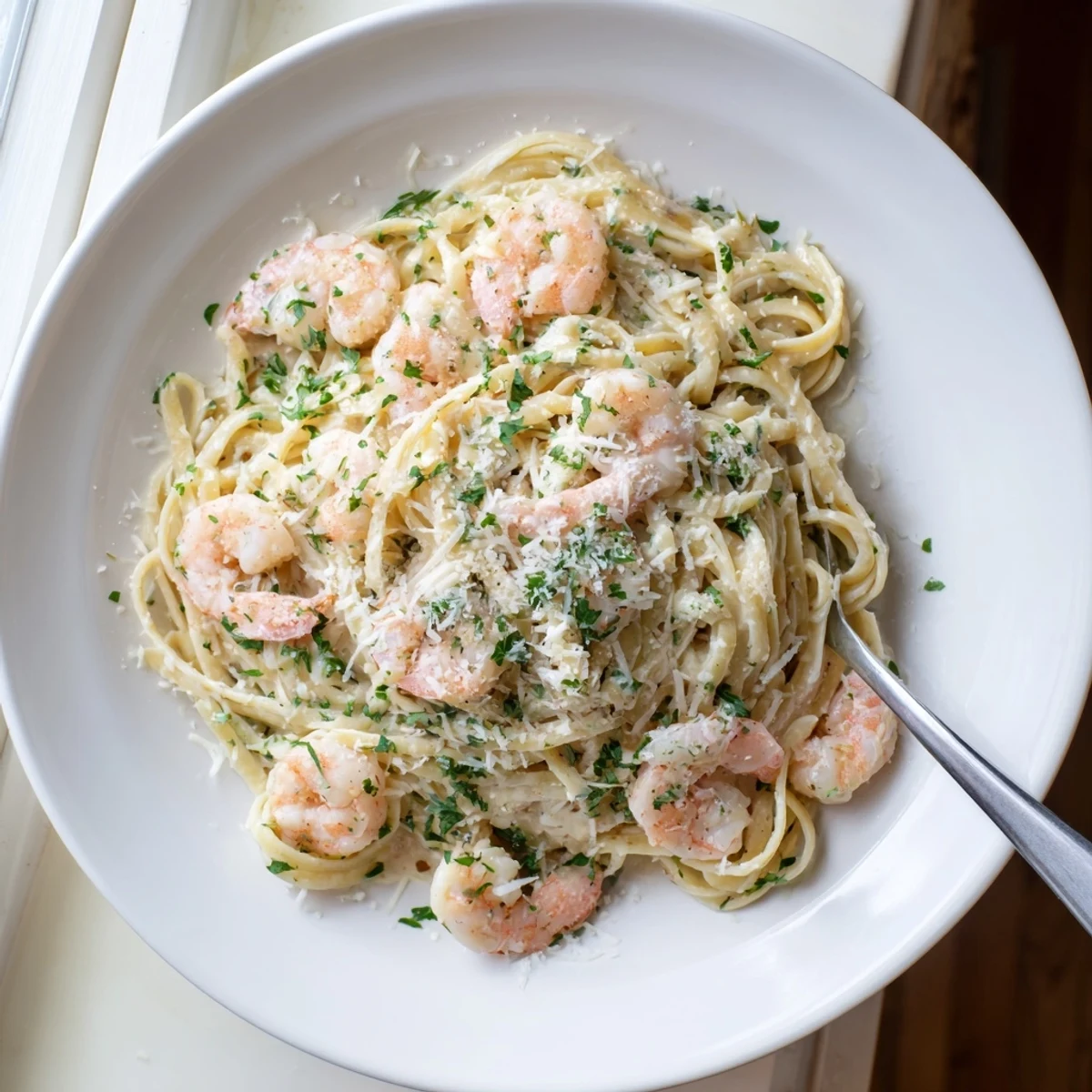 Plate of shrimp scampi garlic cream pasta tossed with lemon and parmesan cheese
