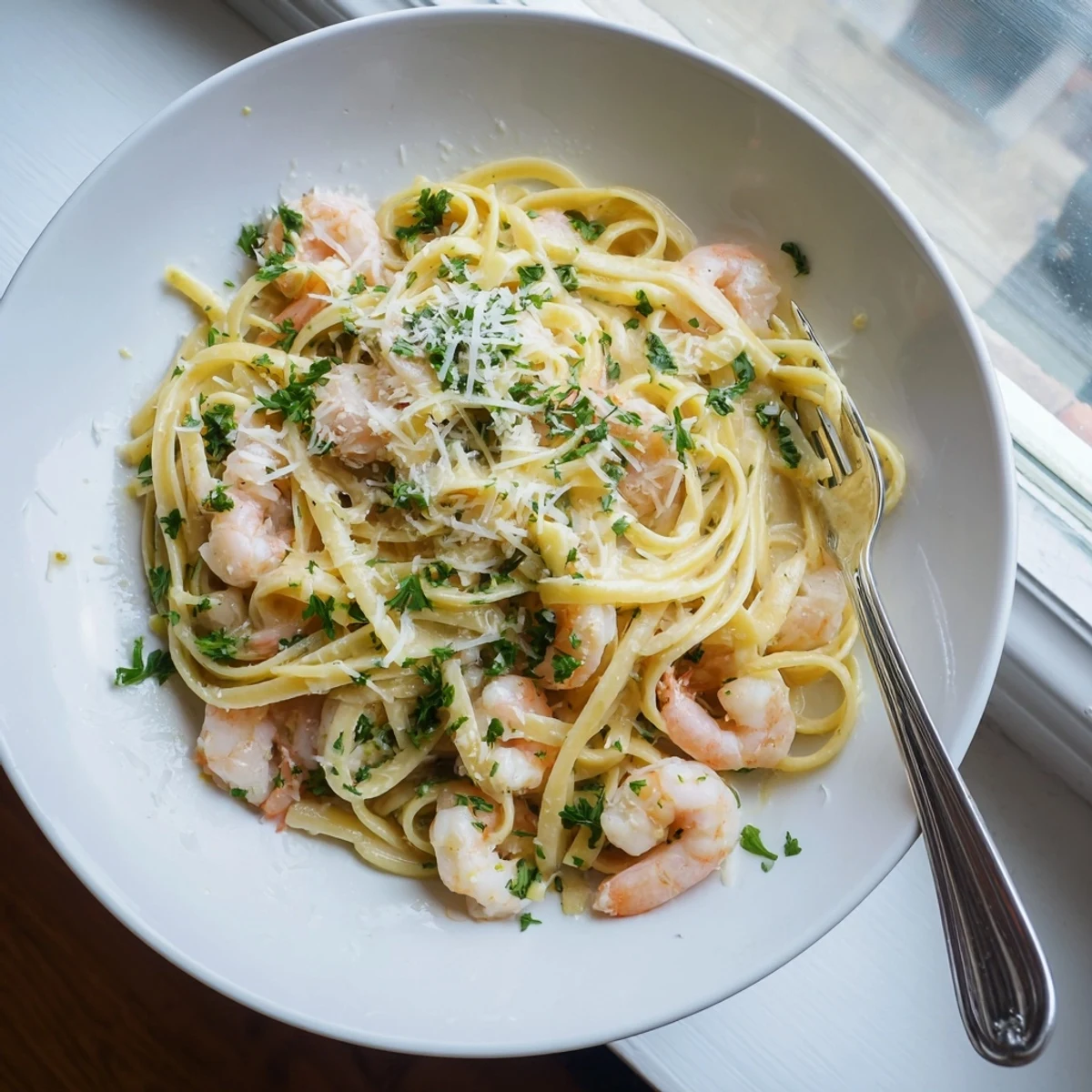 Creamy shrimp scampi garlic pasta served with linguine and white wine sauce
