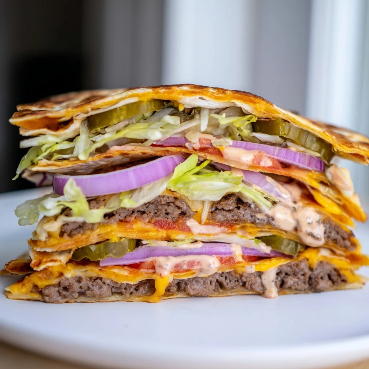Golden brown smashburger quesadillas filled with melted cheddar and seasoned beef