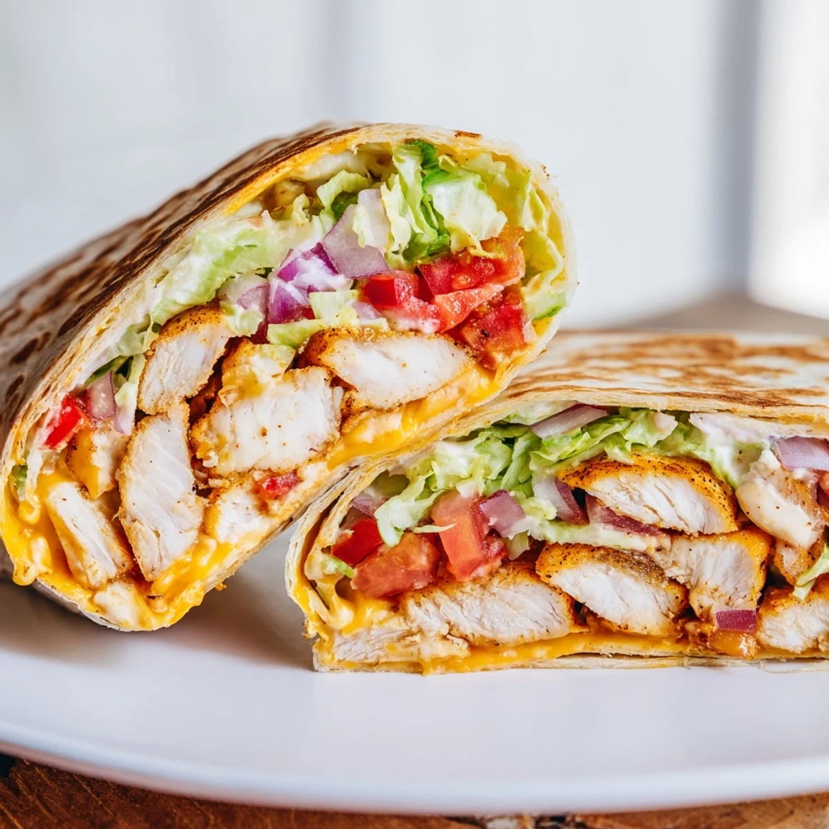 Warm flour tortilla wrapped around seasoned chicken with zesty garlic sauce and shredded lettuce