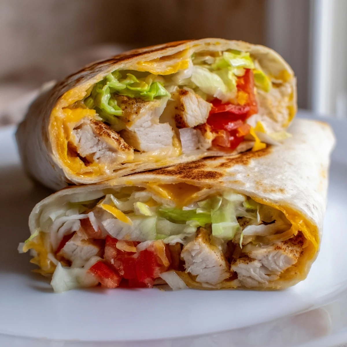 Sliced chicken wrap bursting with mozzarella cheddar cheese crisp lettuce and creamy garlic dressing