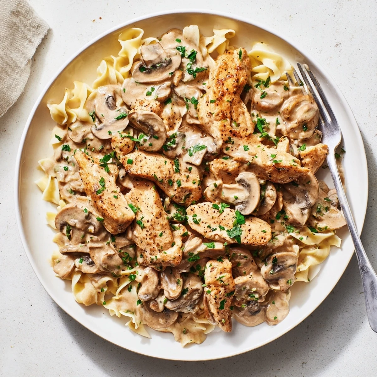 Golden chicken pieces simmered with sliced mushrooms in a luxurious white sauce, garnished with fresh green parsley