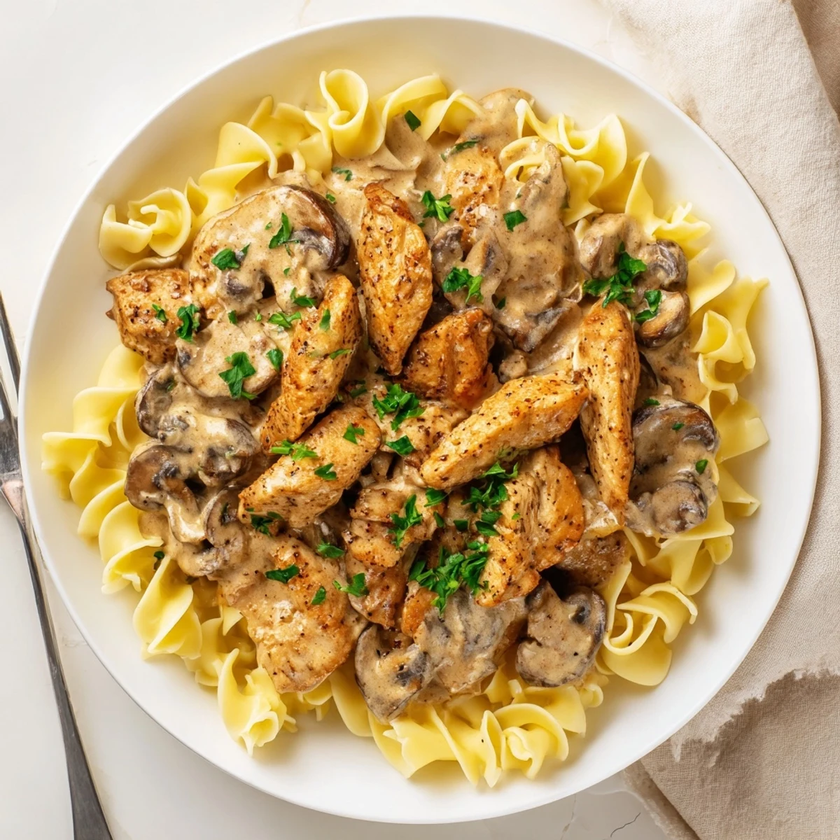 Comforting chicken stroganoff served in a bowl alongside buttered mashed potatoes, featuring a velvety smooth paprika-infused sauce