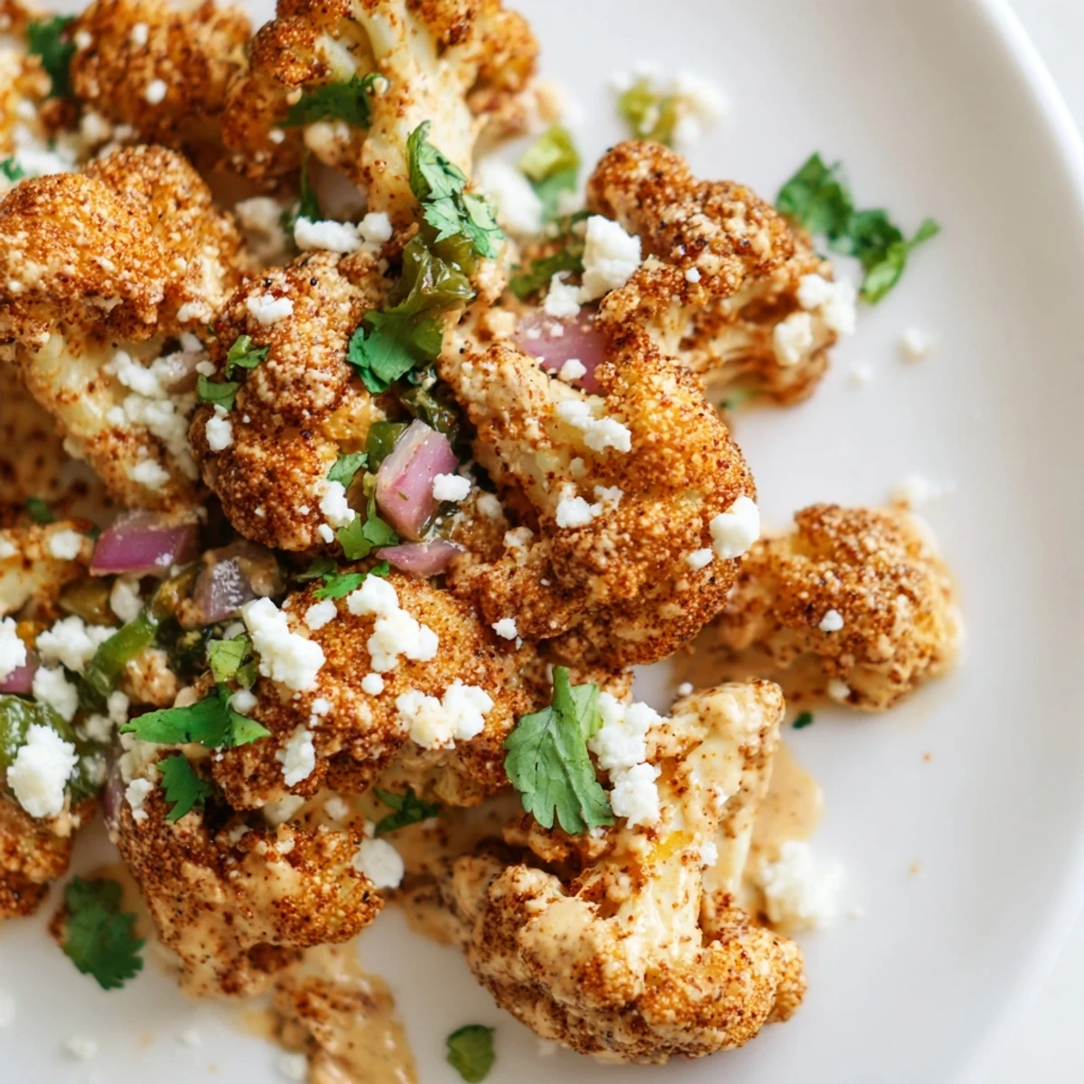 Roasted cauliflower elote coated in creamy mayo lime sauce and topped with crumbled cotija cheese