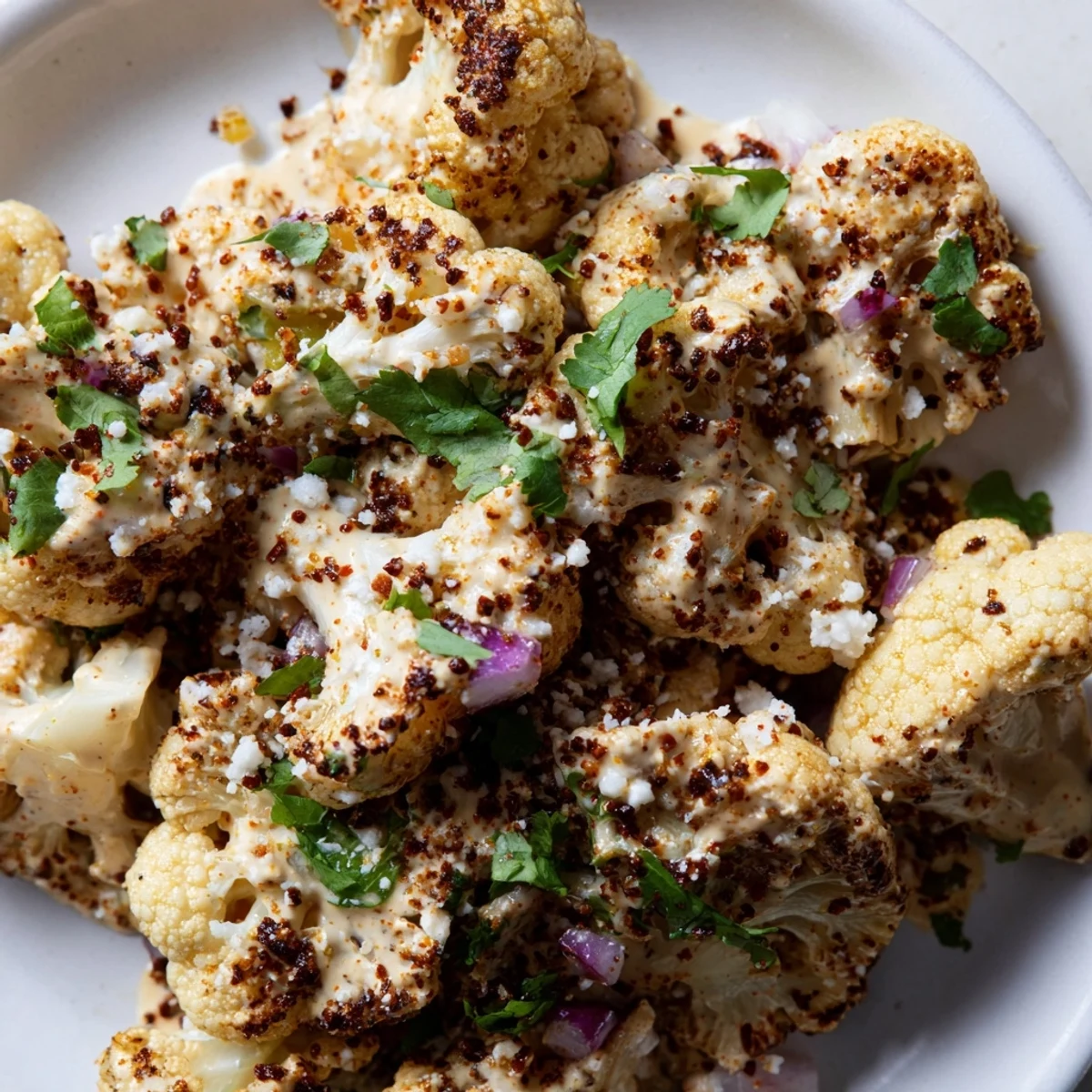 Golden cauliflower florets tossed with smoky chili powder sauce and sprinkled with fresh cilantro