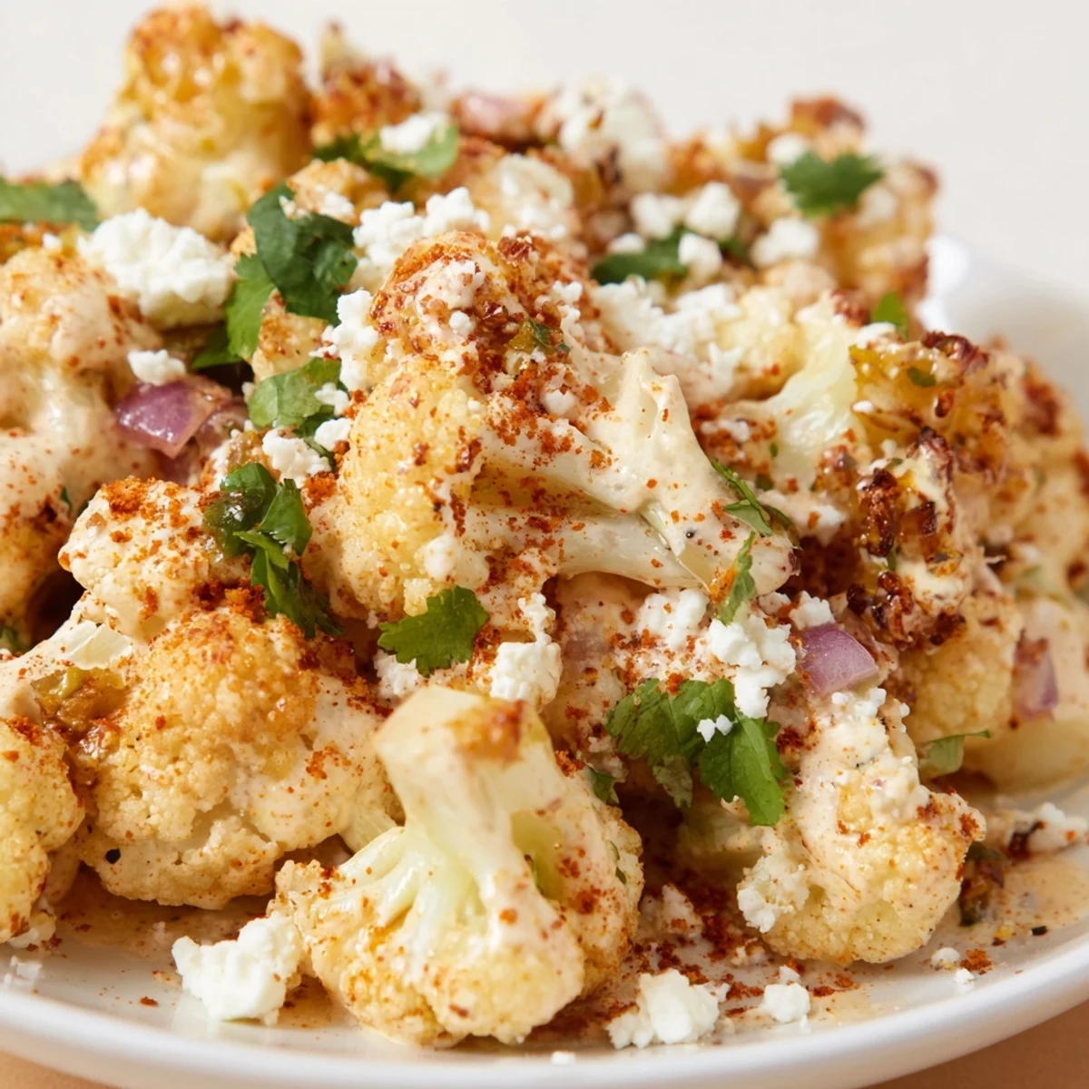 Mexican street corn style cauliflower dish drizzled with spicy dressing and crumbled white cheese