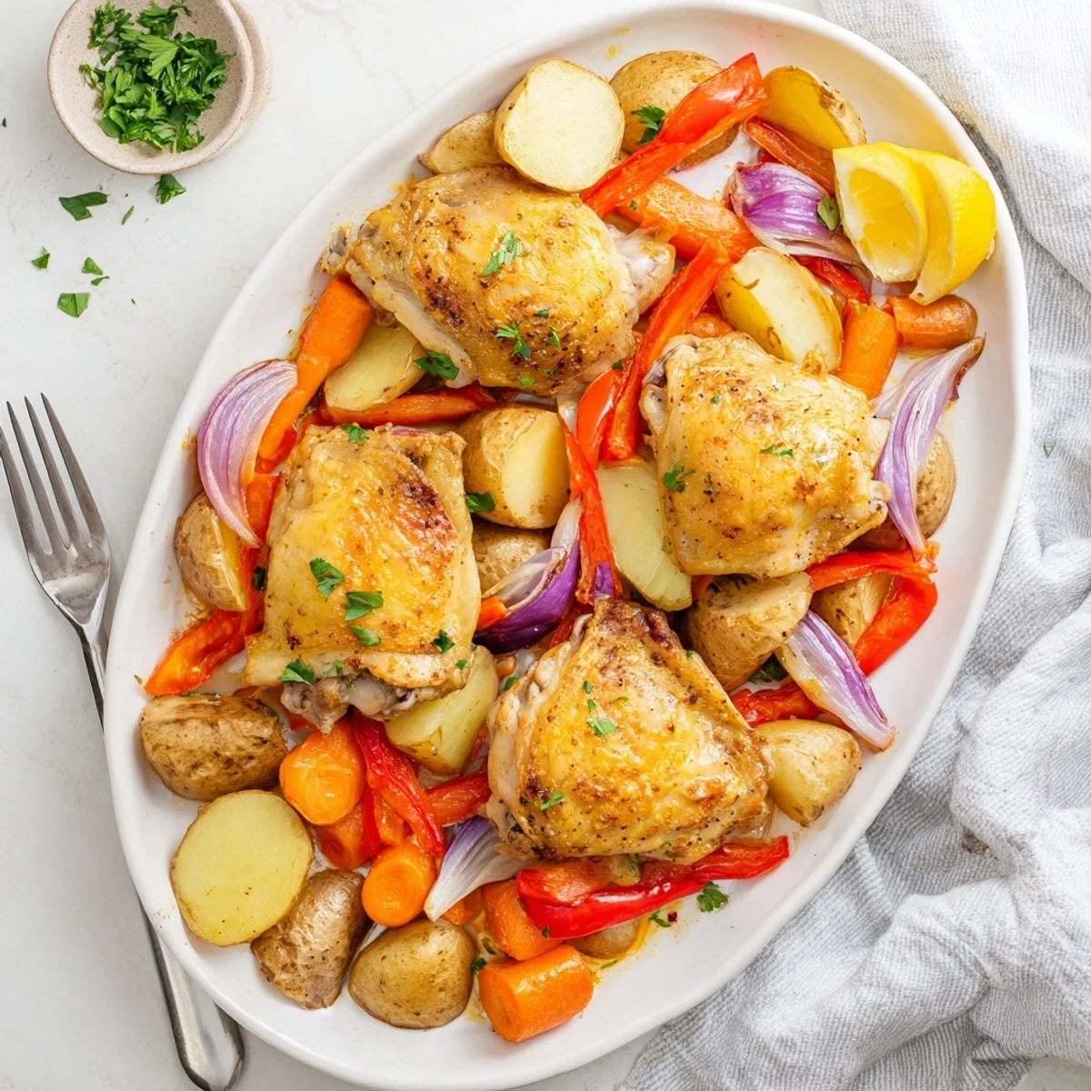Tender one pan chicken bake with potatoes carrots and bell peppers fresh from oven