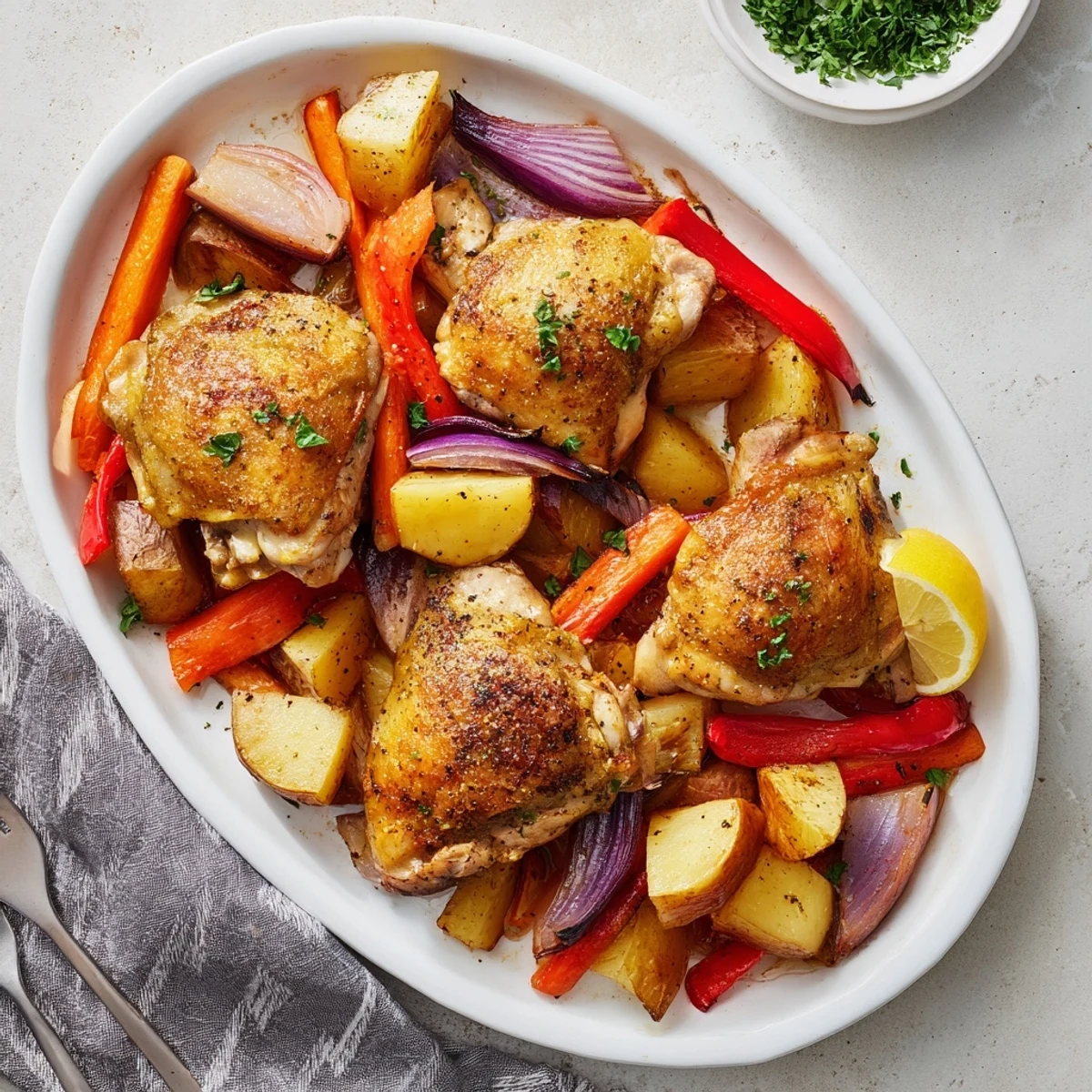 Savory chicken and vegetable medley baked together with herbs for easy weeknight dinner