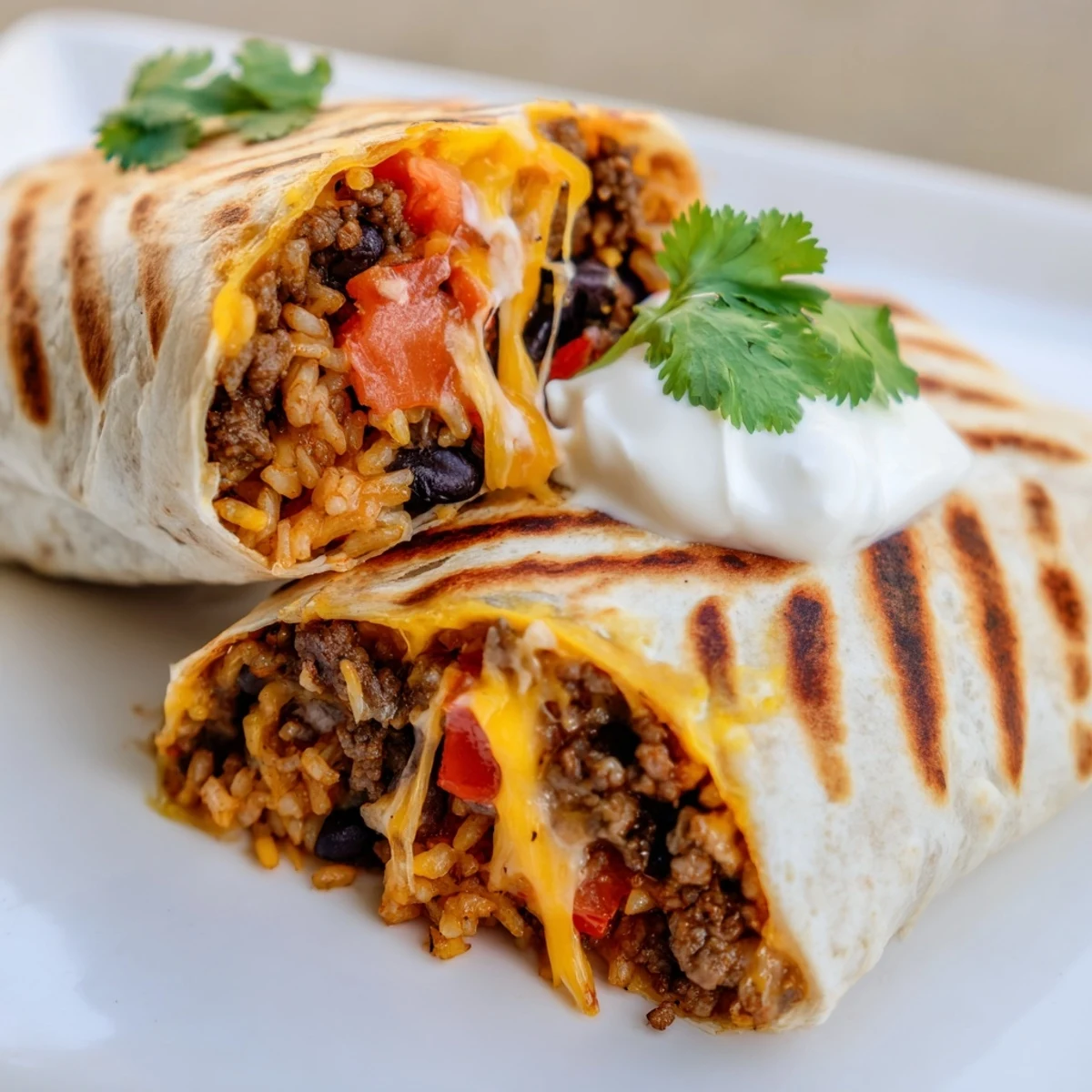 Golden grilled cheese burrito sliced in half revealing melty cheddar and seasoned beef filling
