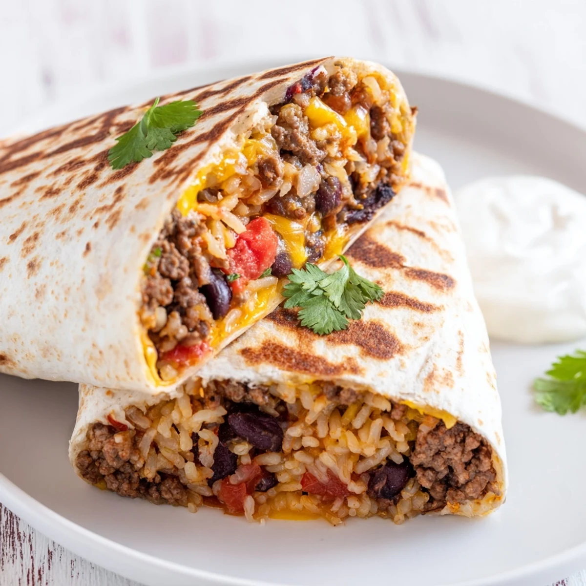 Crispy tortilla wrapped grilled cheese burrito oozing melted cheese and savory taco seasoned ground beef