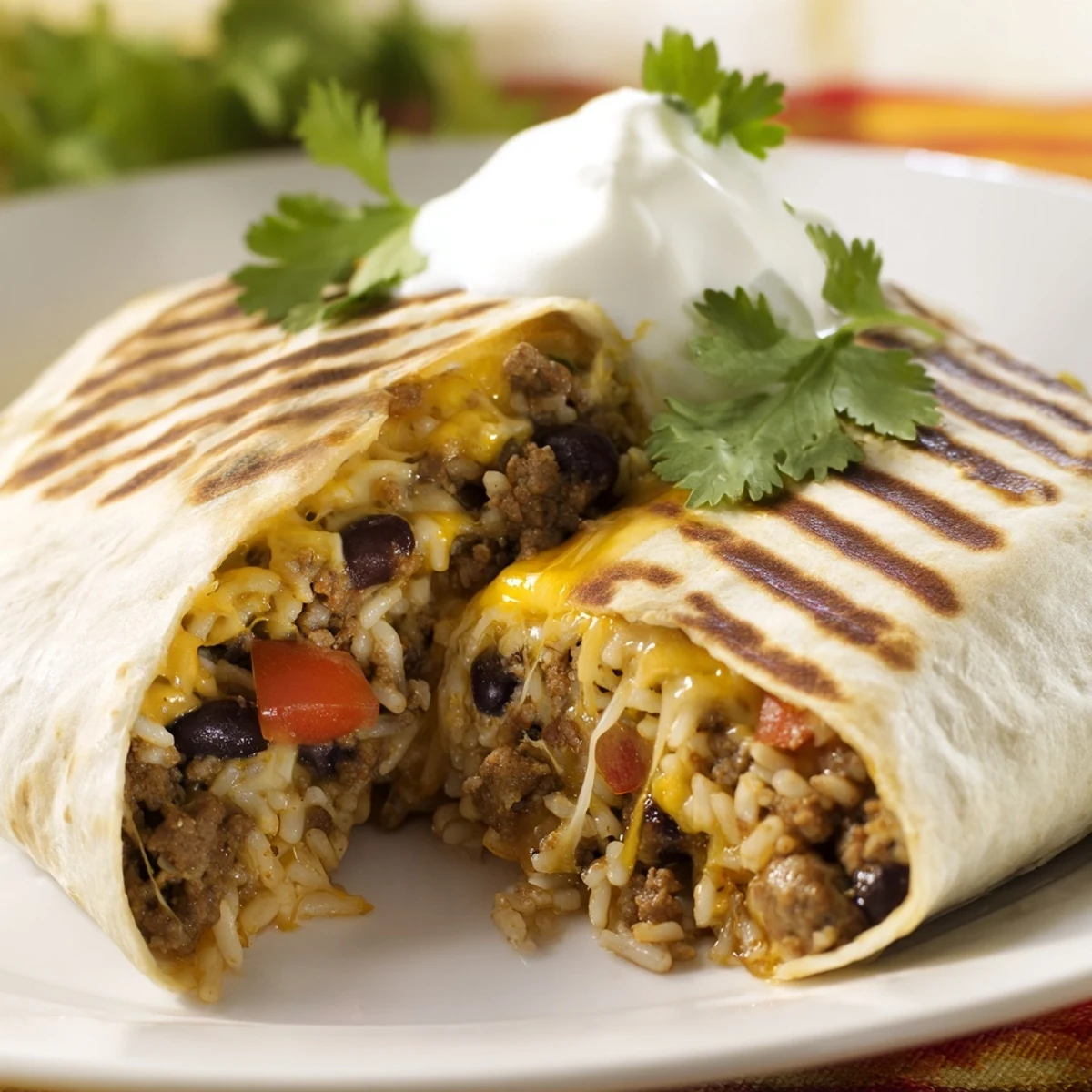 Cross section of hot grilled cheese burrito displaying layers of rice beans and melted cheese