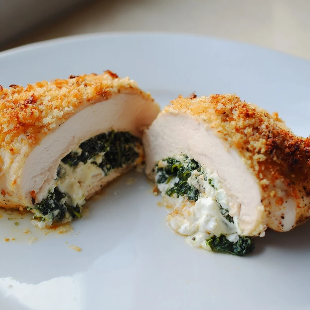 Golden baked spinach ricotta chicken breasts with a crispy parmesan crust on a white serving plate