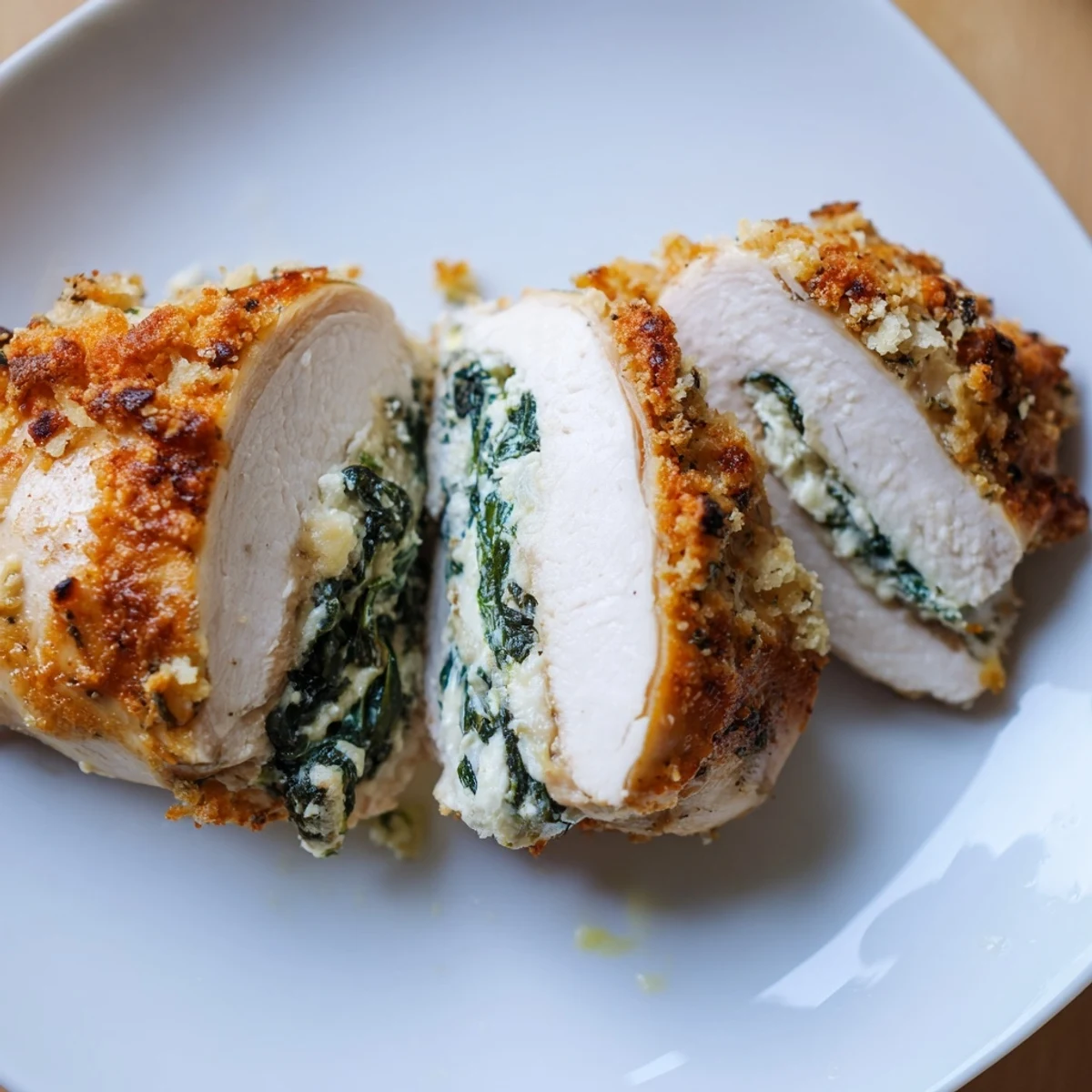 Tender stuffed chicken breast sliced open to reveal creamy spinach and ricotta filling on a wooden board