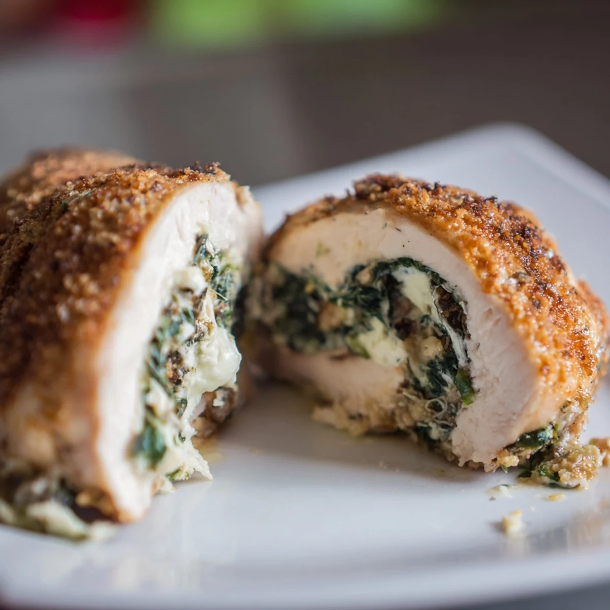 Italian-style spinach ricotta chicken served with fresh herbs and roasted vegetables on a rustic dining table
