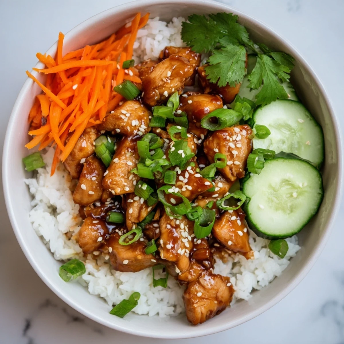 Golden brown chicken pieces glazed in sweet honey soy sauce served over fluffy white rice with colorful vegetables