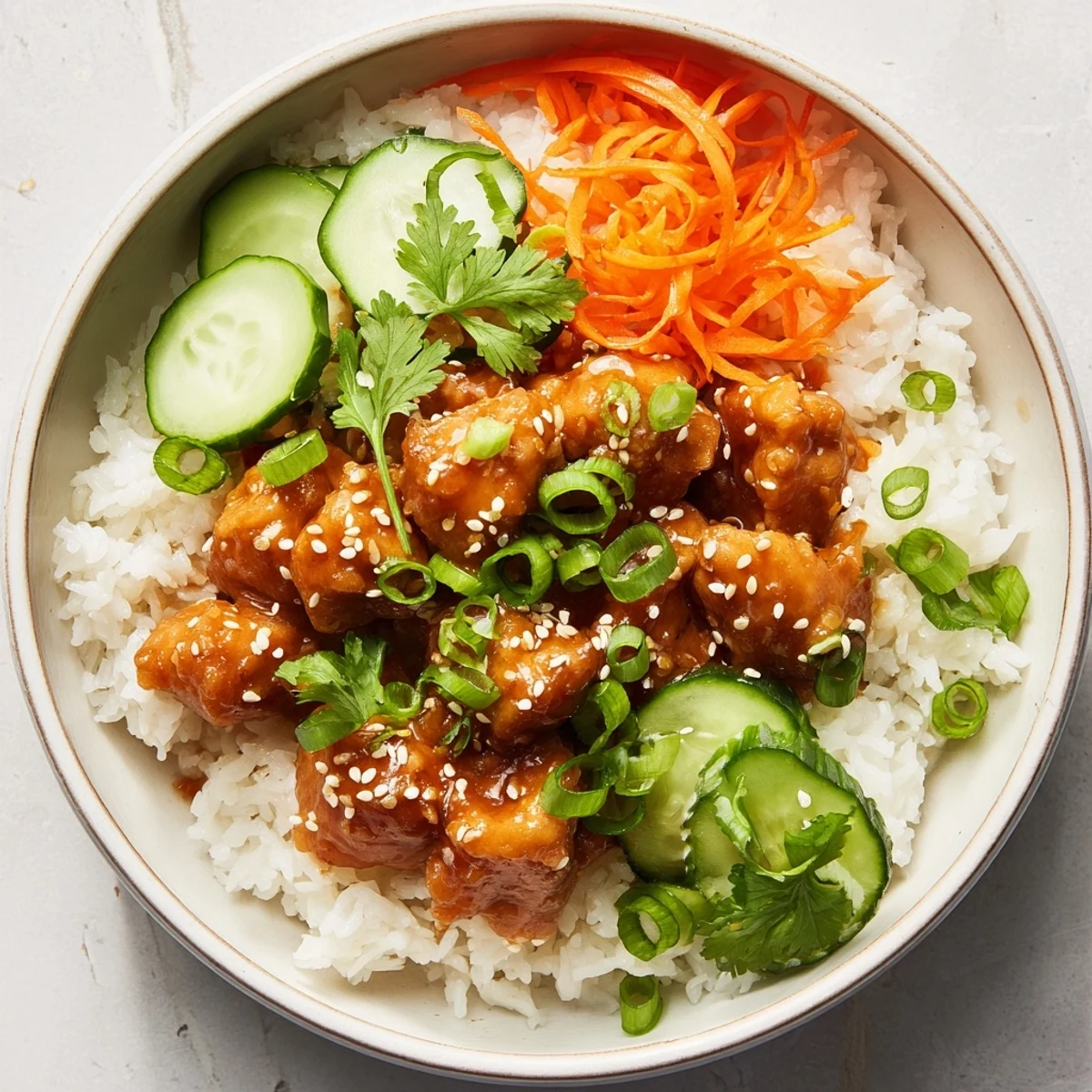 Vibrant bowl featuring tender sticky chicken with carrots, cucumber, and sesame seeds atop a bed of steamed rice