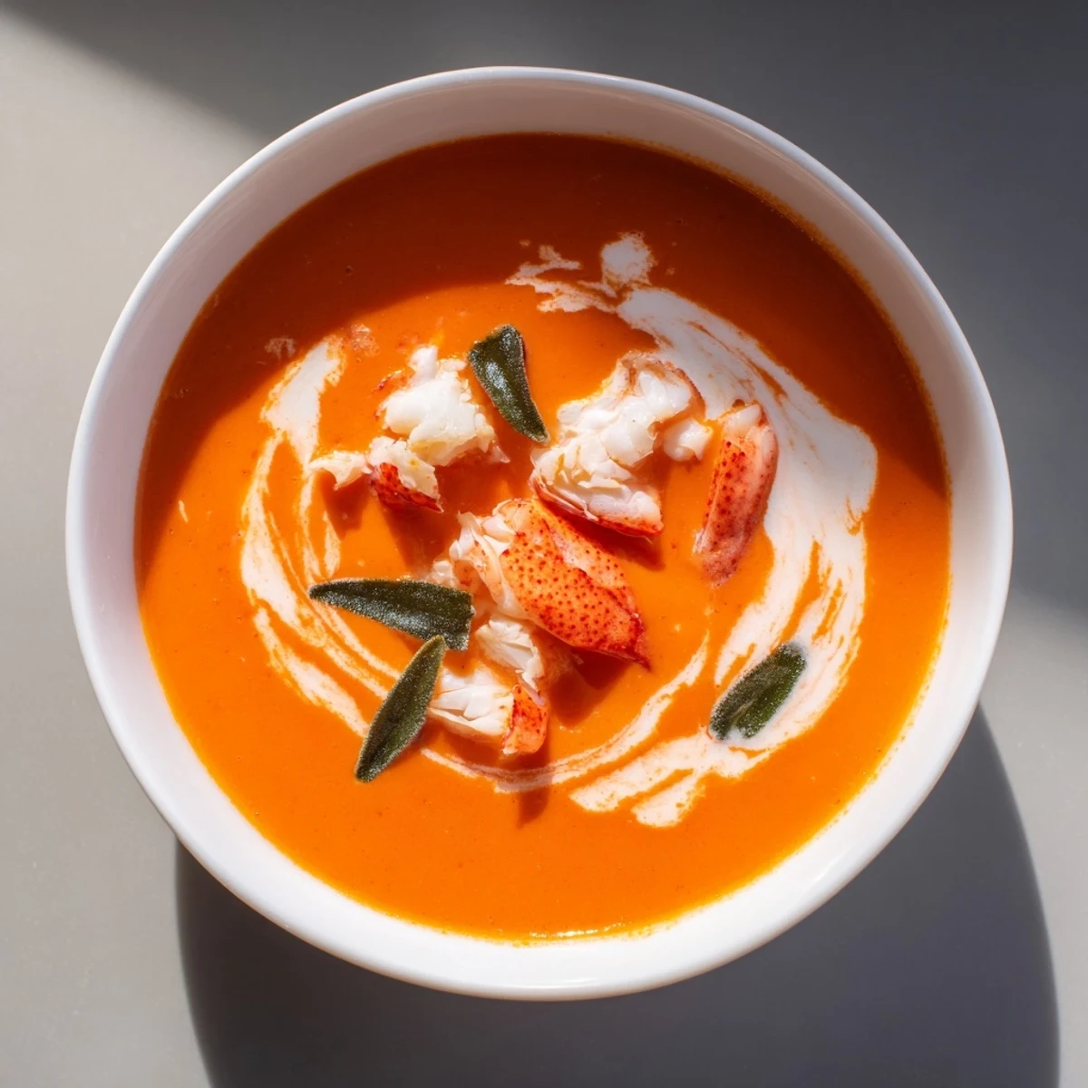 Creamy Gordon Ramsay lobster bisque garnished with fresh tarragon and tender lobster chunks