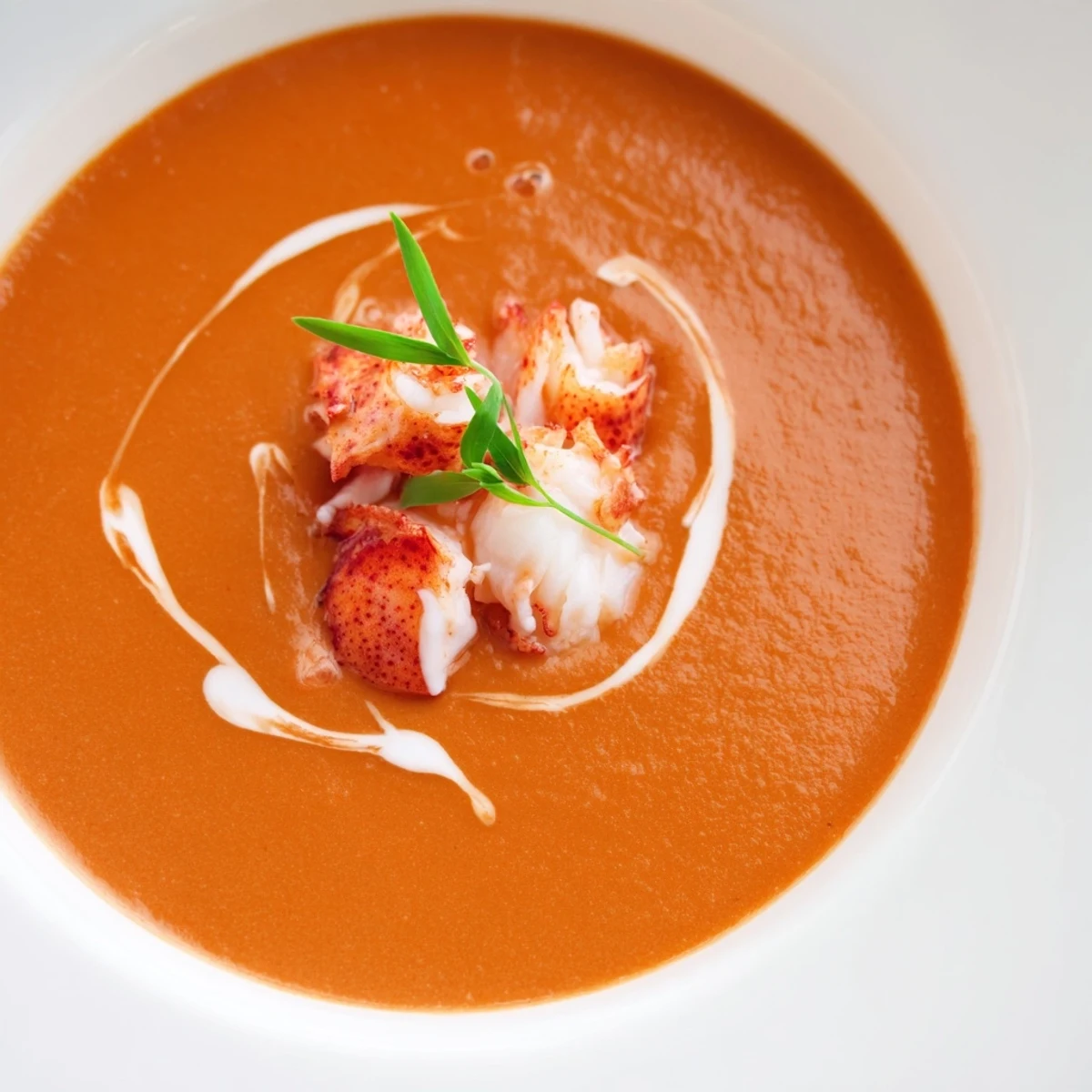 Golden bowl of smooth Gordon Ramsay lobster bisque topped with succulent lobster meat