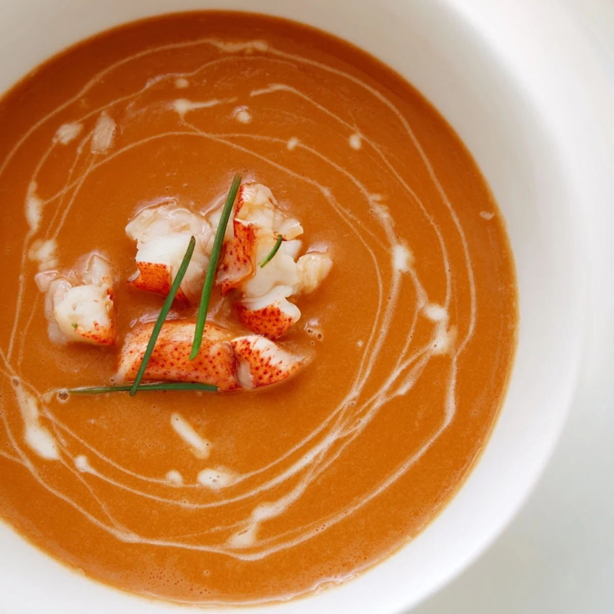 Velvety Gordon Ramsay lobster bisque served in white bowl with chopped lobster pieces