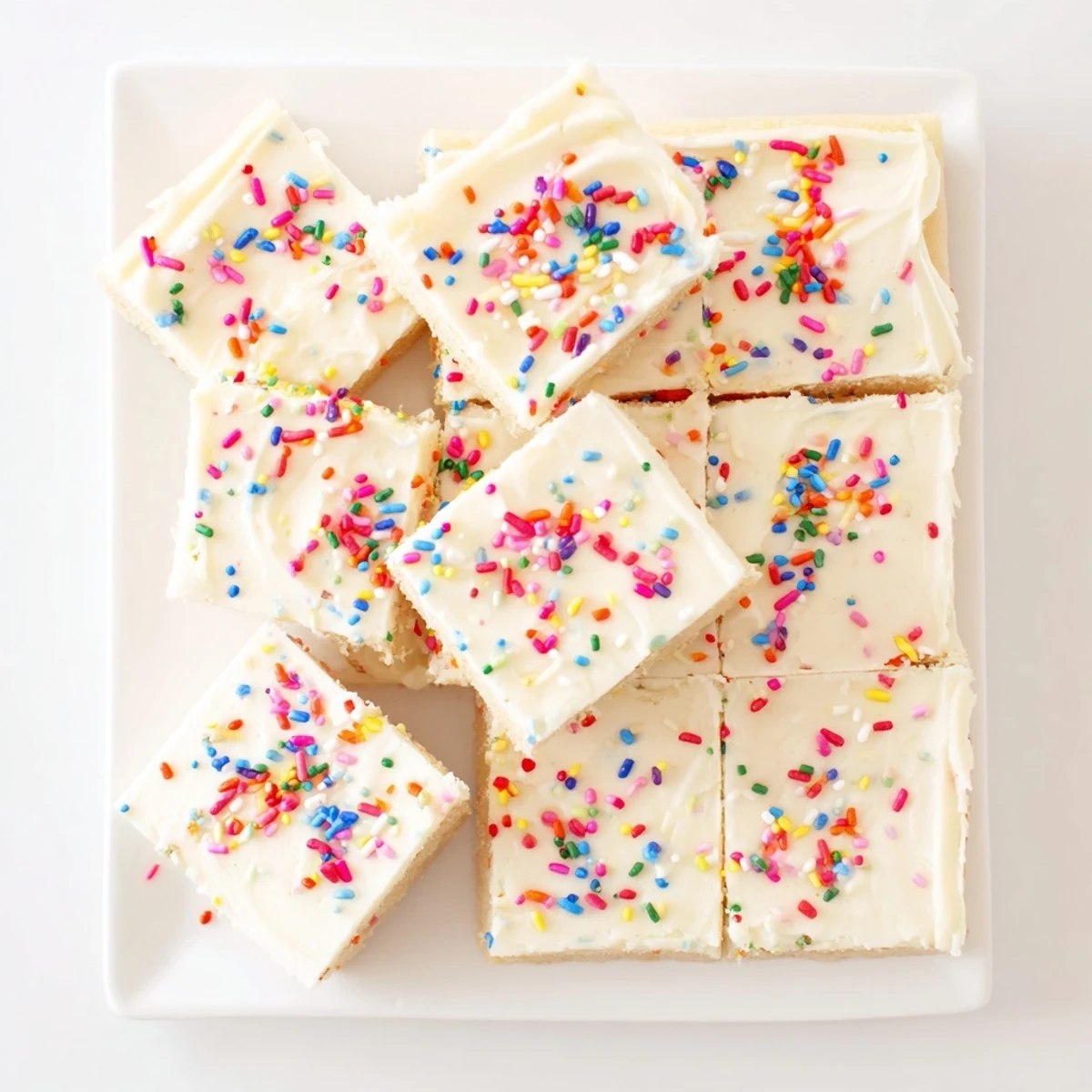 Soft baked sugar cookie bars spread with creamy vanilla frosting and colorful sprinkles on a white plate.