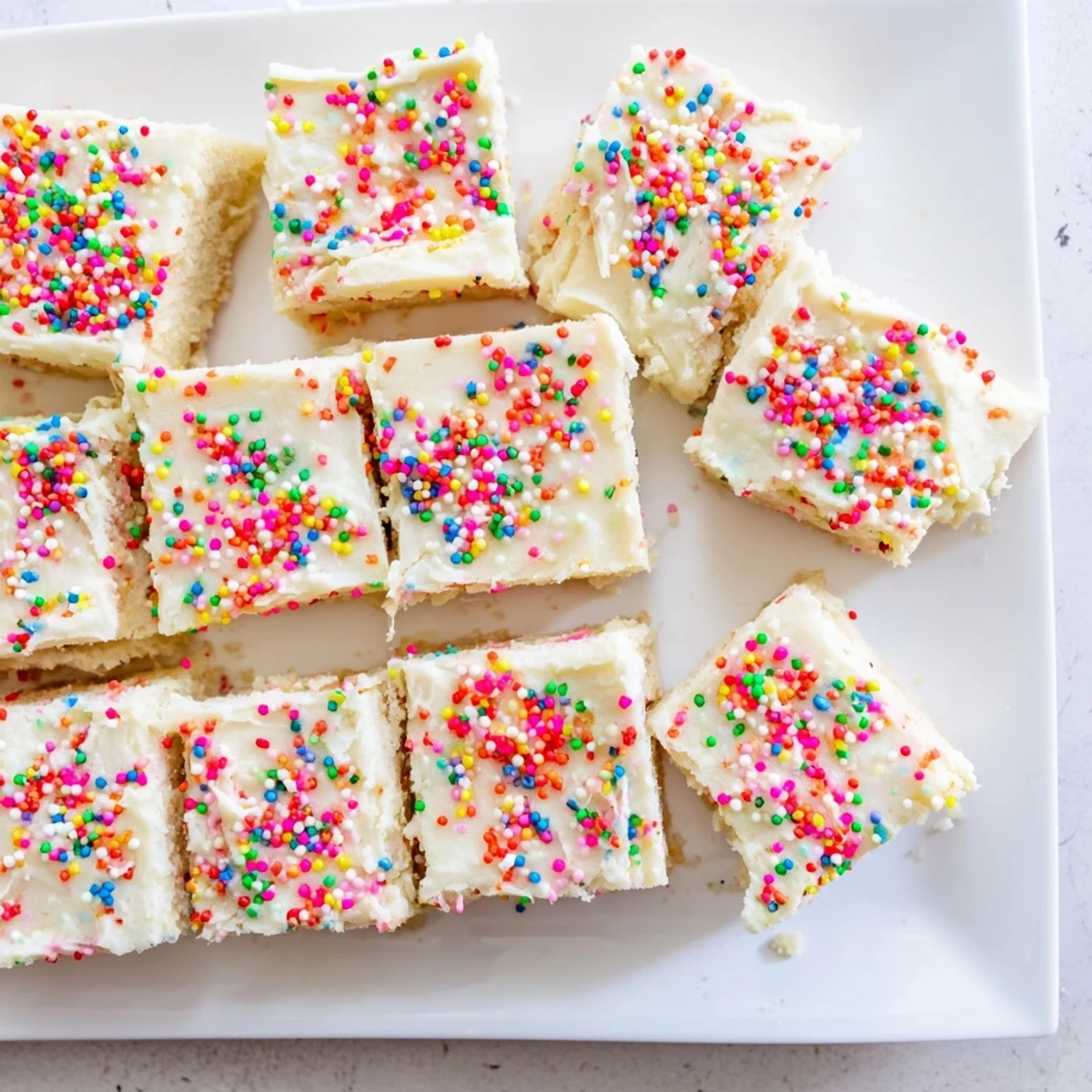 Thick and buttery sugar cookie bars layered with rich vanilla icing and sweet sprinkles.