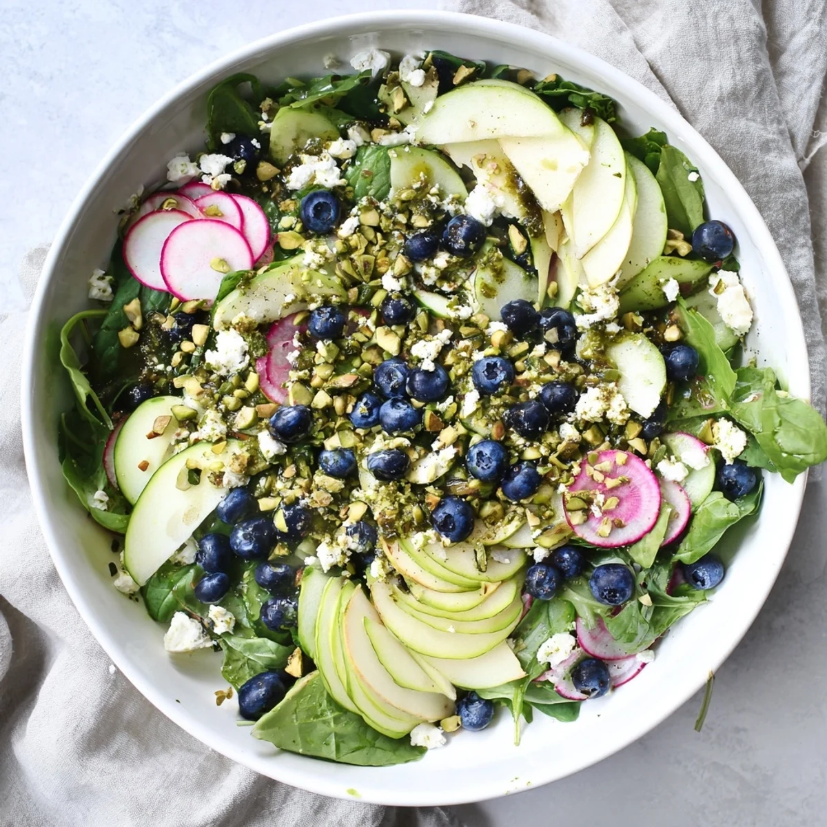 Fresh blueberry pistachio spring salad with baby spinach, arugula, and crumbled feta cheese