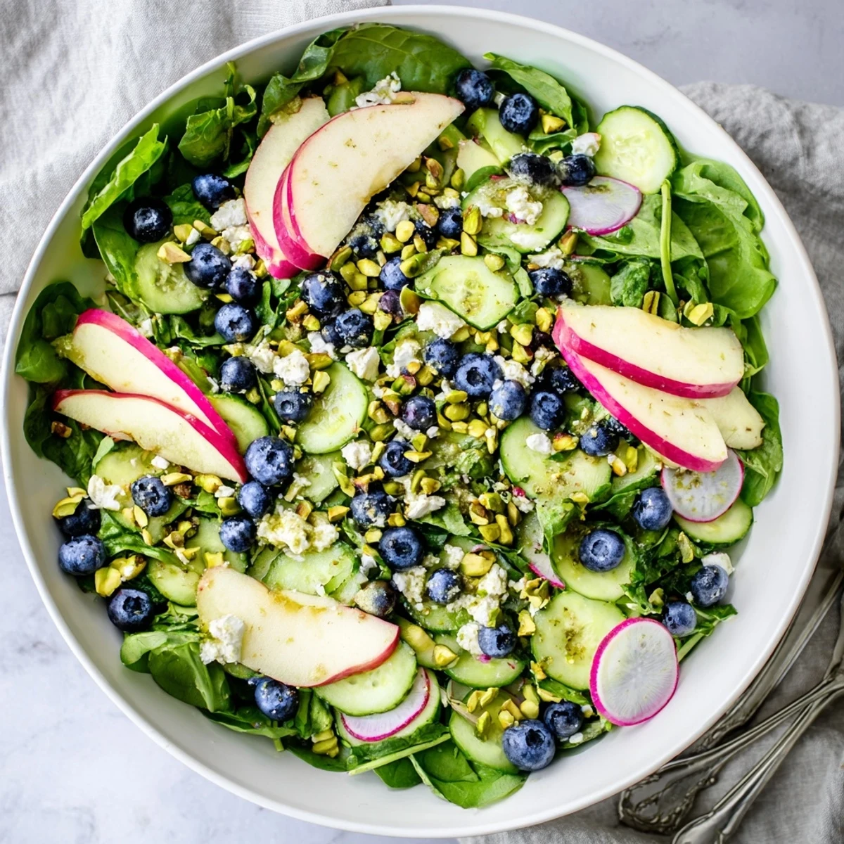 Colorful blueberry pistachio spring salad featuring crisp cucumber slices and radish rounds
