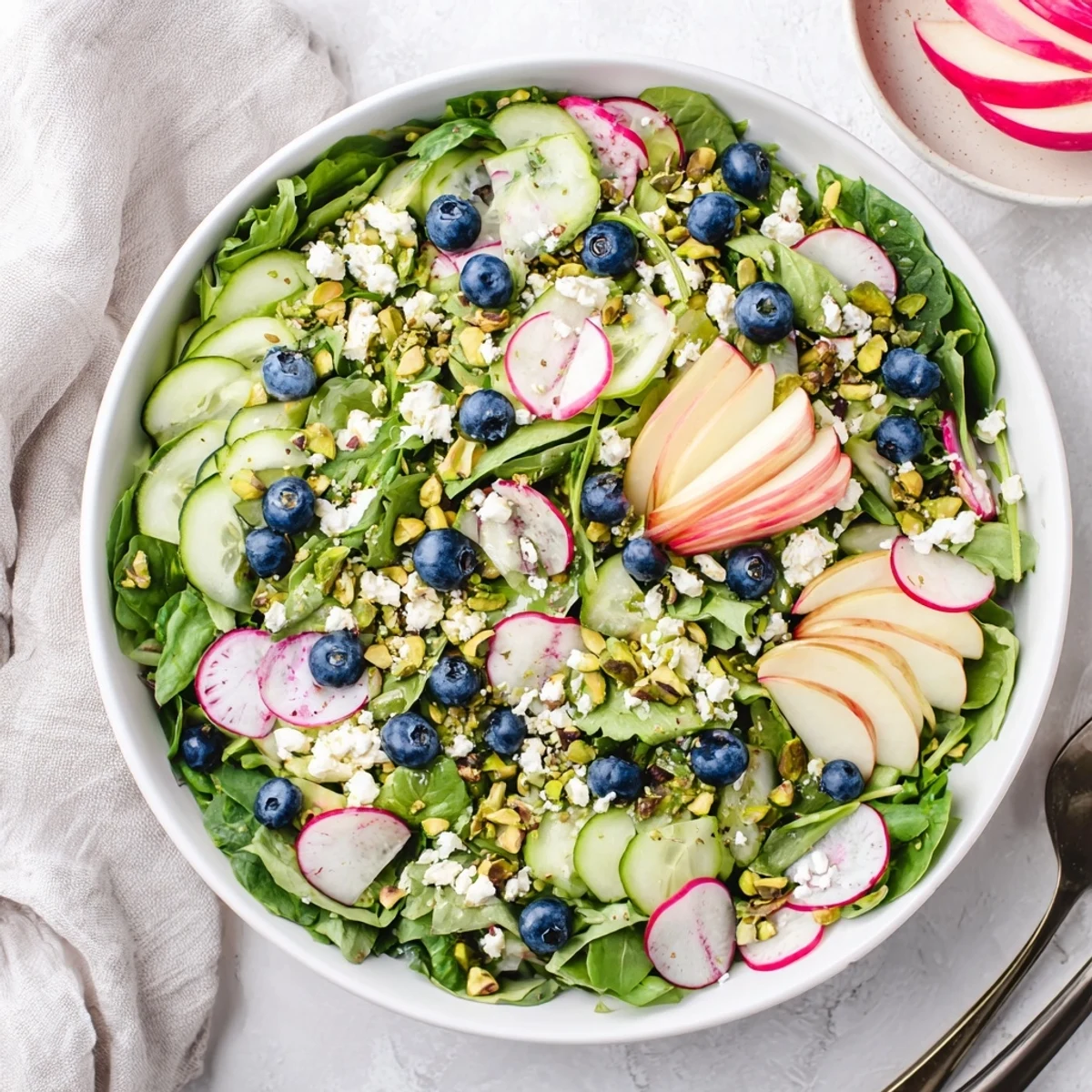 Vibrant blueberry pistachio spring salad bowl topped with crunchy nuts and sweet blueberries