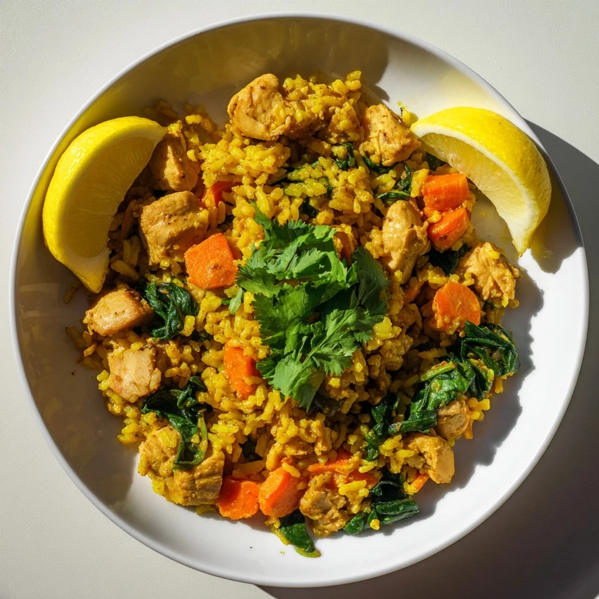 Golden turmeric rice bowl with tender chicken pieces and fresh cilantro garnish