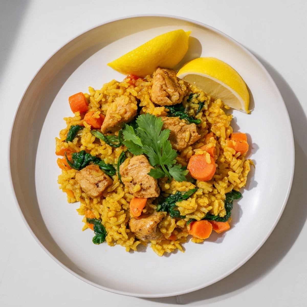 Wholesome anti-inflammatory turmeric chicken rice served in white bowl with lemon wedges