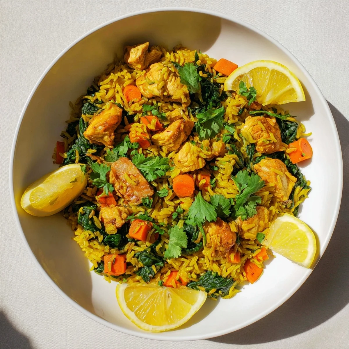 Vibrant one-pot meal featuring spiced chicken and turmeric-infused rice with green vegetables