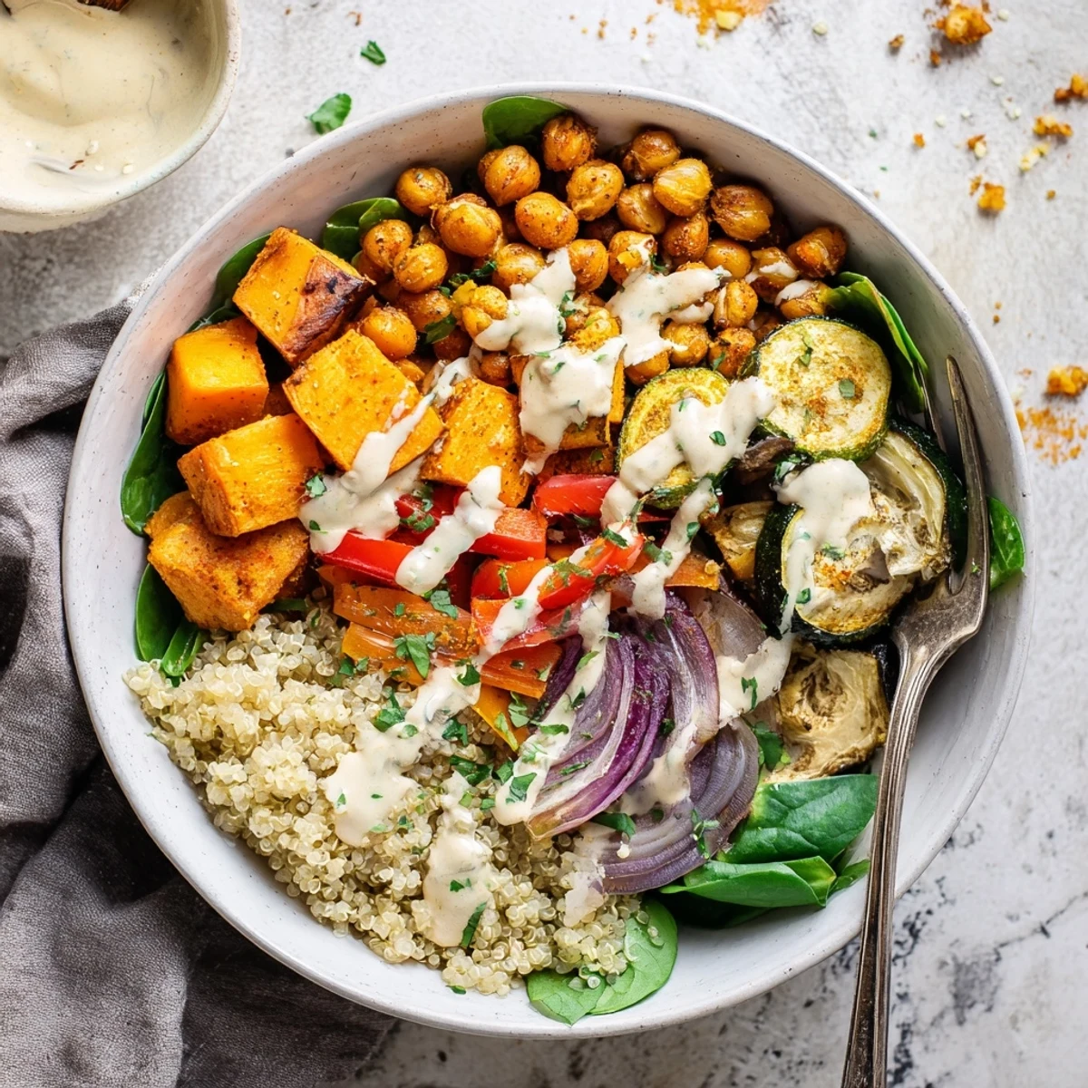 Colorful roasted chickpea and veggie bowl drizzled with creamy tahini dressing over fluffy quinoa