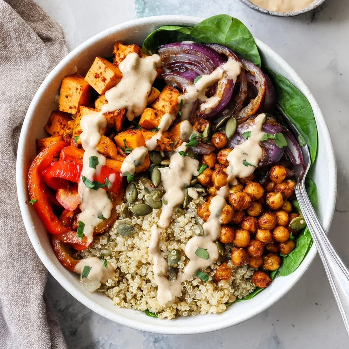 Plant-based roasted chickpea and veggie bowl topped with pumpkin seeds and herbs for a nutritious meal