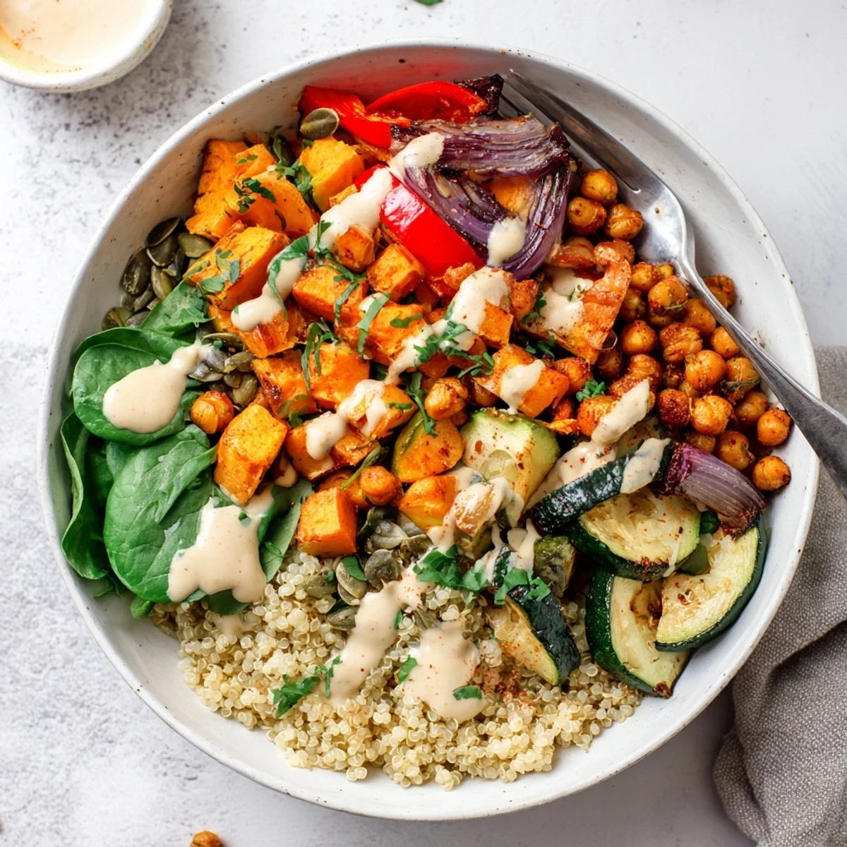 Vibrant Mediterranean-inspired bowl featuring crisp roasted chickpeas, sweet potatoes, and fresh vegetables