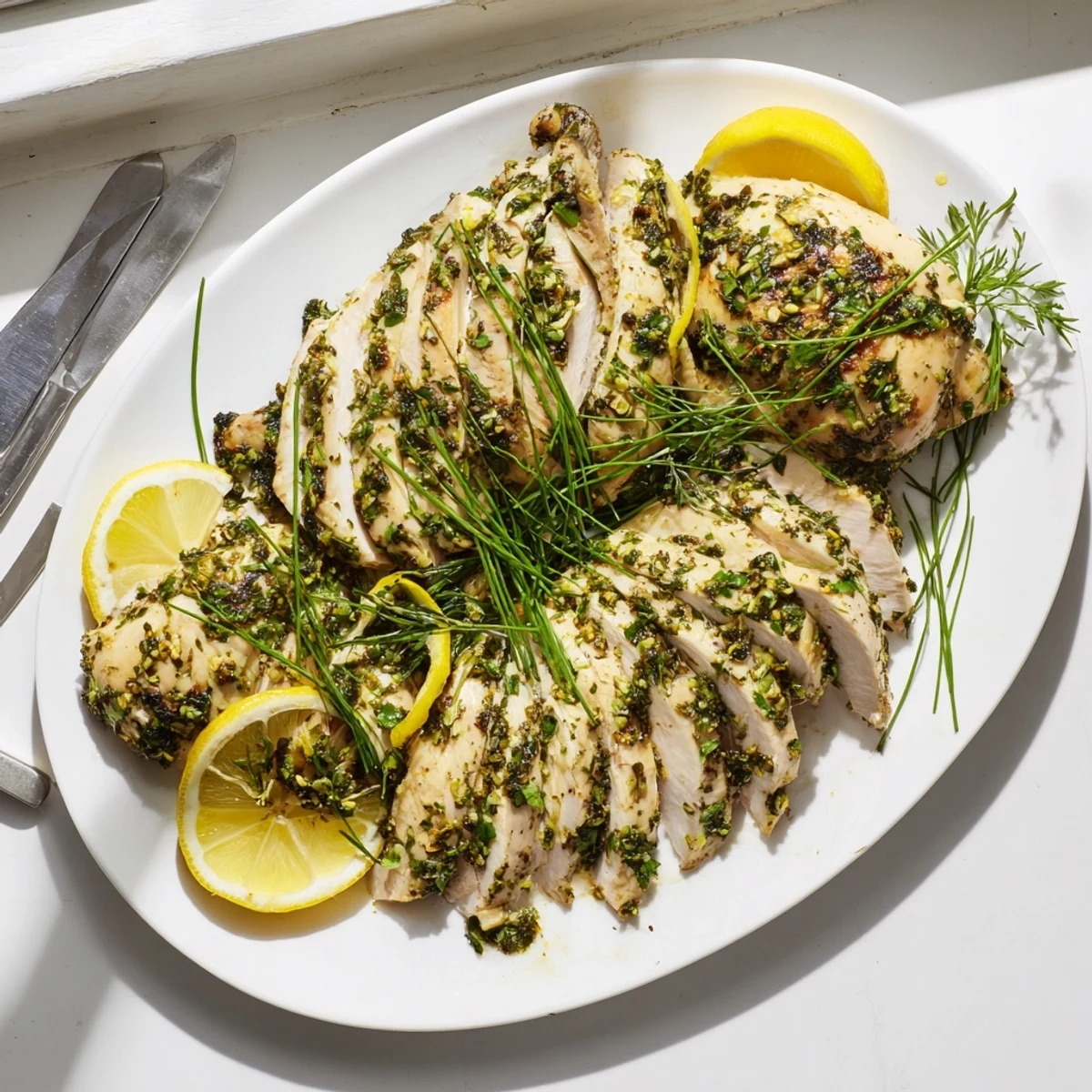 Golden roasted Spring Garlic Herb Chicken with juicy meat and fresh green herb garnish