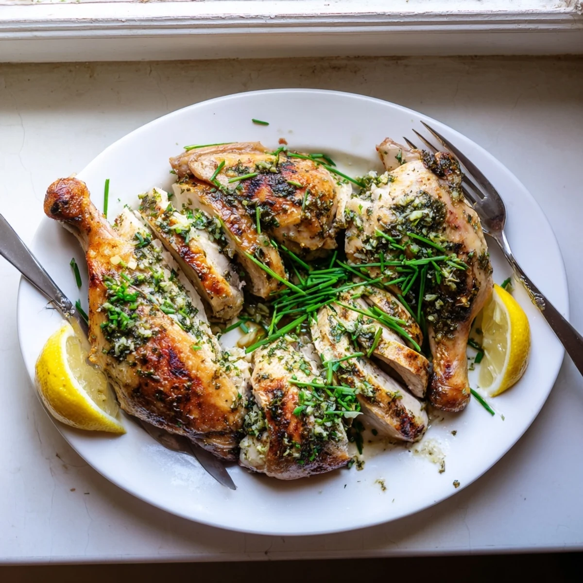 Sliced Spring Garlic Herb Chicken plated with chives and bright lemon wedges