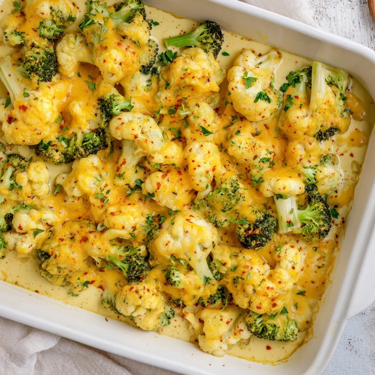 Golden bubbling keto broccoli cauliflower bake with melted cheddar cheese topping in a casserole dish