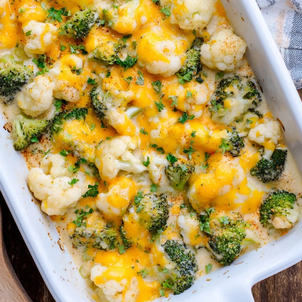 Creamy low carb broccoli and cauliflower casserole baked to golden perfection with fresh parsley garnish