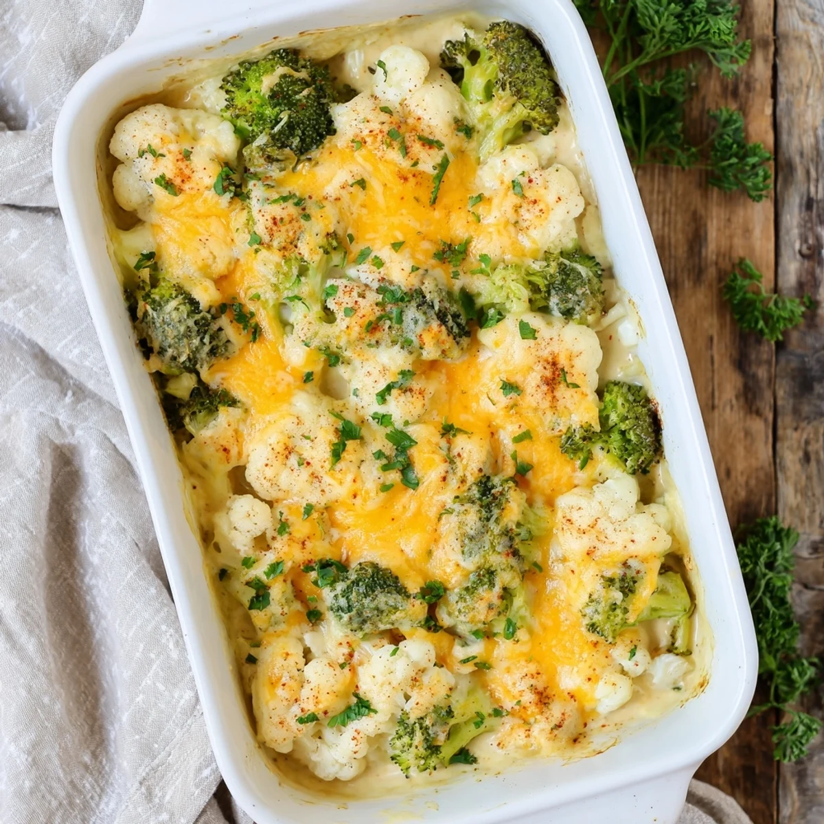 Cheesy keto broccoli cauliflower bake served as a comforting gluten-free vegetable side dish for dinner