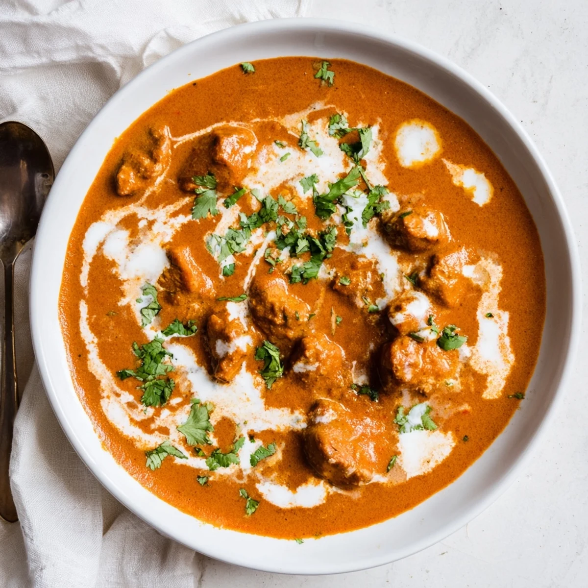 Creamy butter chicken with tender chicken pieces swimming in a rich orange tomato sauce, garnished with fresh green cilantro.