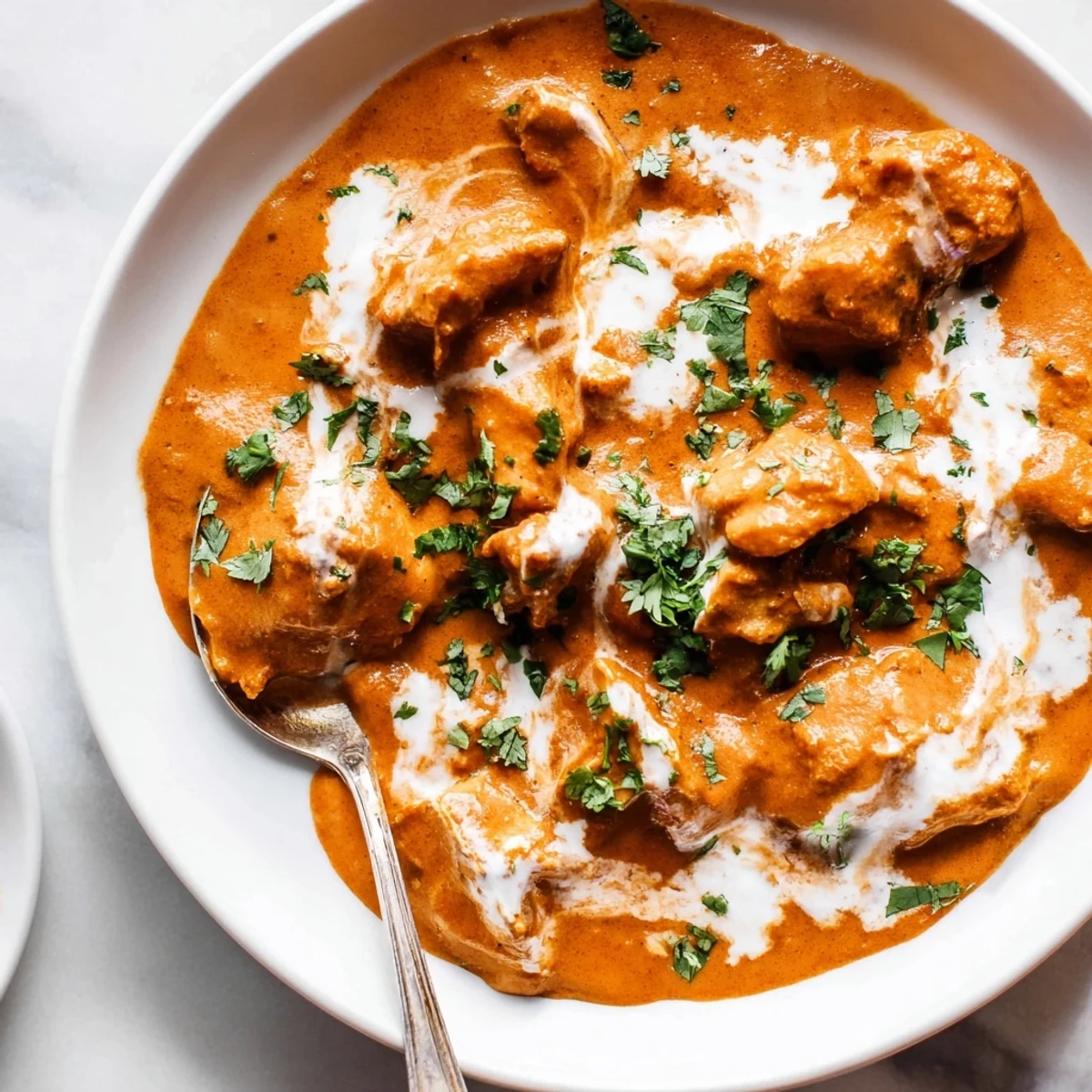 Steaming bowl of butter chicken served over fluffy white basmati rice with warm naan bread on the side.